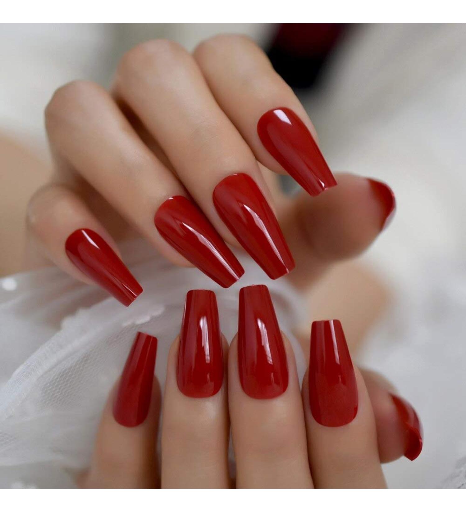 Ruby-Red Press On Ballet False Nails - Long Coffin Ballerina Style | 24pcs/set - Buy Online on GoSupps.com