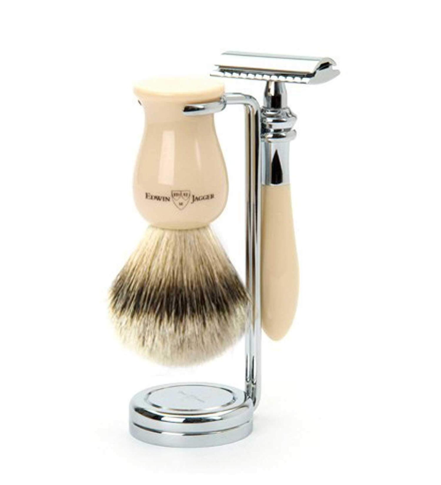 Edwin Jagger Plaza 3 Piece DE Shaving Set - Silver Tip Brush (Imitation Ivory) | Premium International Shipping - Buy Online on GoSupps.com