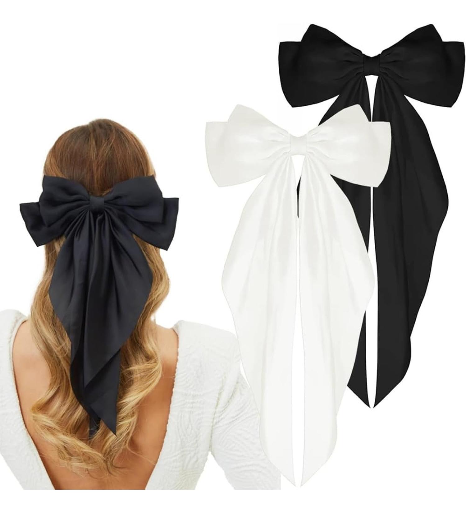 2Pcs Silky Satin Hair Bows Big Hair Bows for Women Hair Ribons Oversized Long Tail White Hair Bow Black Hair Bow Large Hair Ribbon Barrettes Metal Clips Bowknot Aesthetic Hair Accessories - Buy Online on GoSupps.com