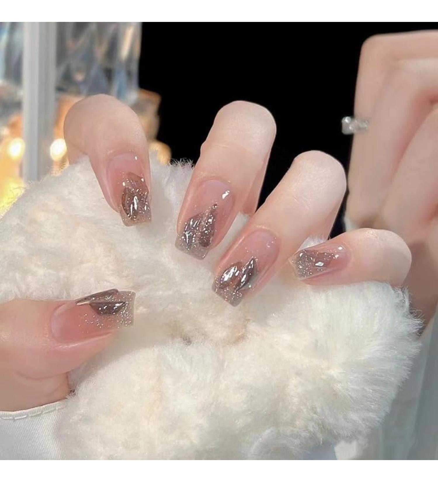 24Pcs/Set Press On Nails Autumn Winter Short Ice Gray Sparkling Diamonds Patch False Nails Acrylic Fake Nails Full Cover Nails Tips Artificial Finger Manicure Press on nails for Women and Girls - Buy Online on GoSupps.com
