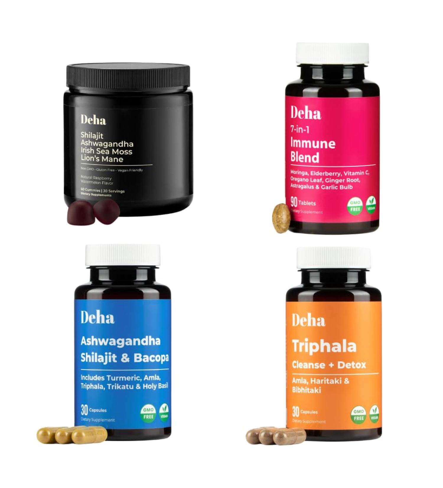 Deha Complete Wellness Bundle Shilajit Gummies Ashwagandha Bacopa Capsules 7-in-1 Immune Support Tablets & Triphala Digestive Cleanse Energy Focus Immunity & Gut Health Non-GMO Vegan - Buy Online on GoSupps.com