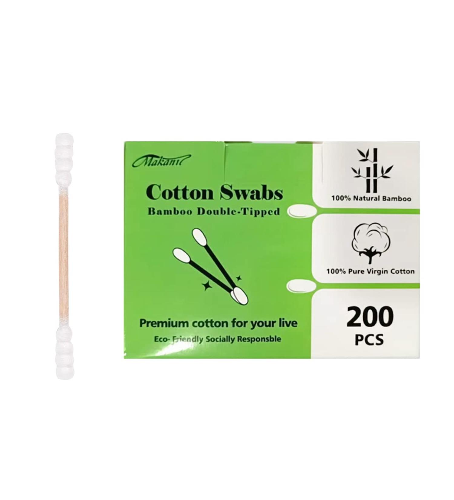 Organic Cotton Swabs with Wooden Sticks 200 Pcs Pack - Biodegradable Bamboo Spiral Head Qtips for Ears and Makeup - Buy Online on GoSupps.com