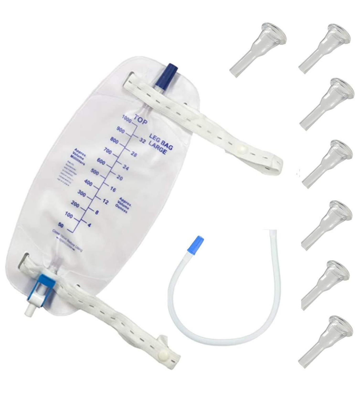 Male Complete Urinary Incontinence Kit - 7 Self-Seal Condom Catheters Premium 1000ml Leg Bag Tubing & Straps - Fast Draining International Shipping - Buy Online on GoSupps.com
