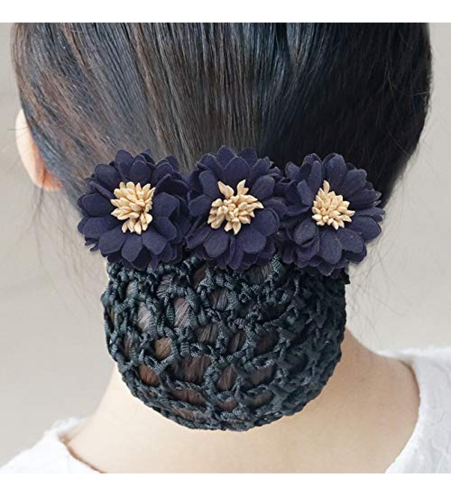 Bowknot Snood Net Hair Clip Bun Cover Head Flower Hairpin Bow Tie Work Disc Hair Ornament_Navy Blue