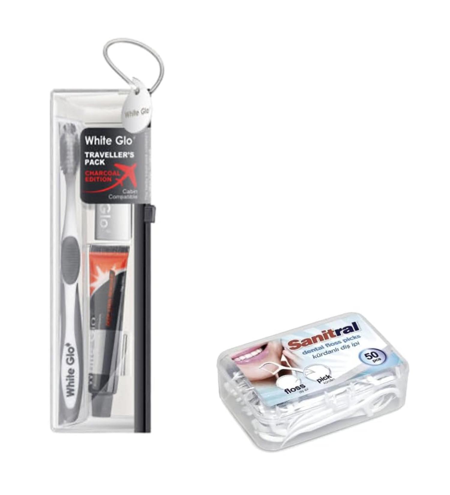 White Glo Charcoal Deep Stain Remover & Sanitral Dental Floss Travel Set | Ultimate Whitening Dental Hygiene Kit - Shop Now! - Buy Online on GoSupps.com