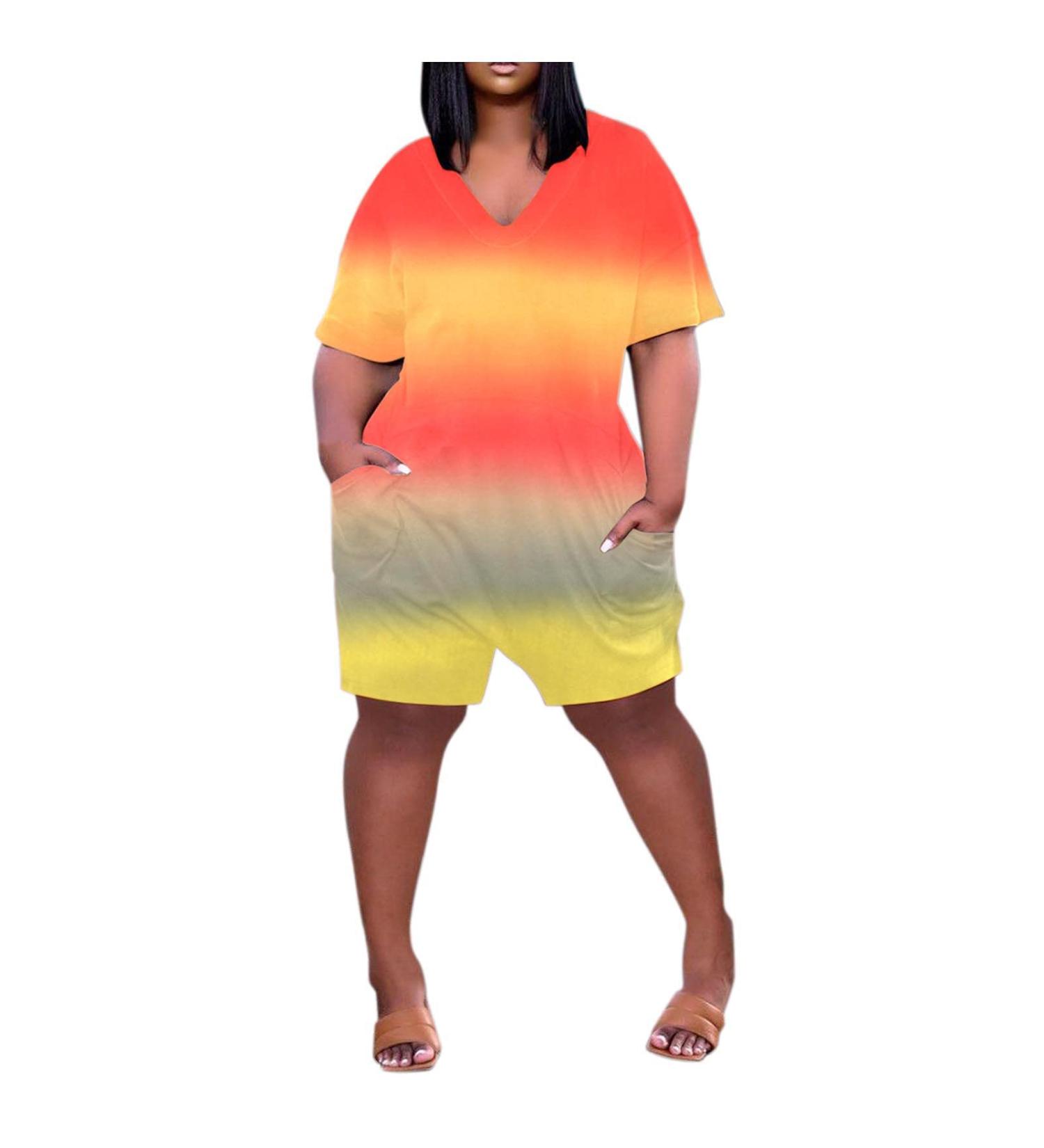 Shop Haiorziyou Women's V-Neck Color Gradient Short Arm Jumpsuit - Oversized Summer Romper with Bags - Perfect for Beach Leisure | L Yellow - Buy Online on GoSupps.com
