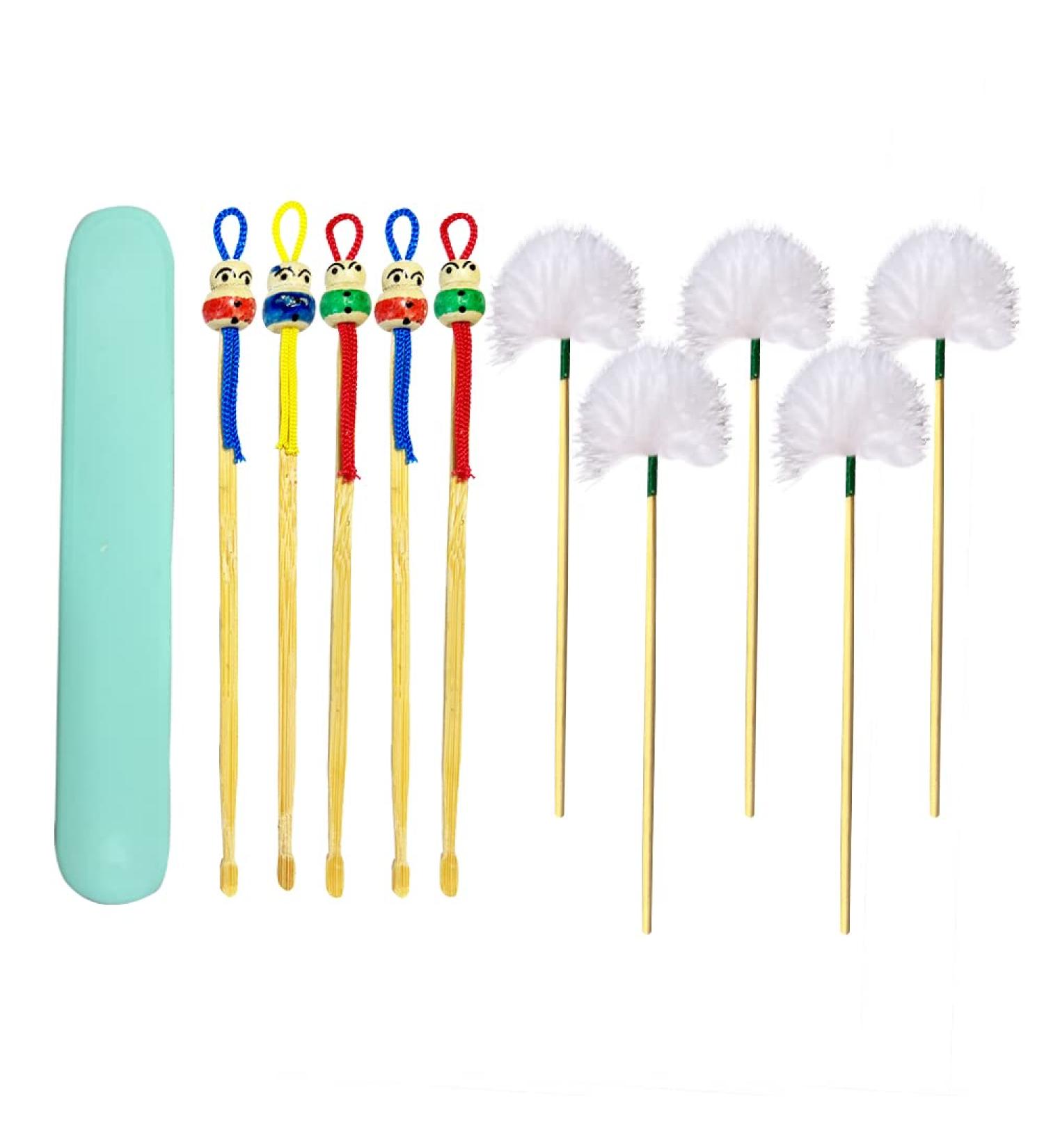10-Pack Handmade Bamboo Ear Cleaner Set - Portable Earwax Removal Tool for Adults & Children | Doll Head Decoration, Goose Feather, 2 Styles - Buy Online on GoSupps.com
