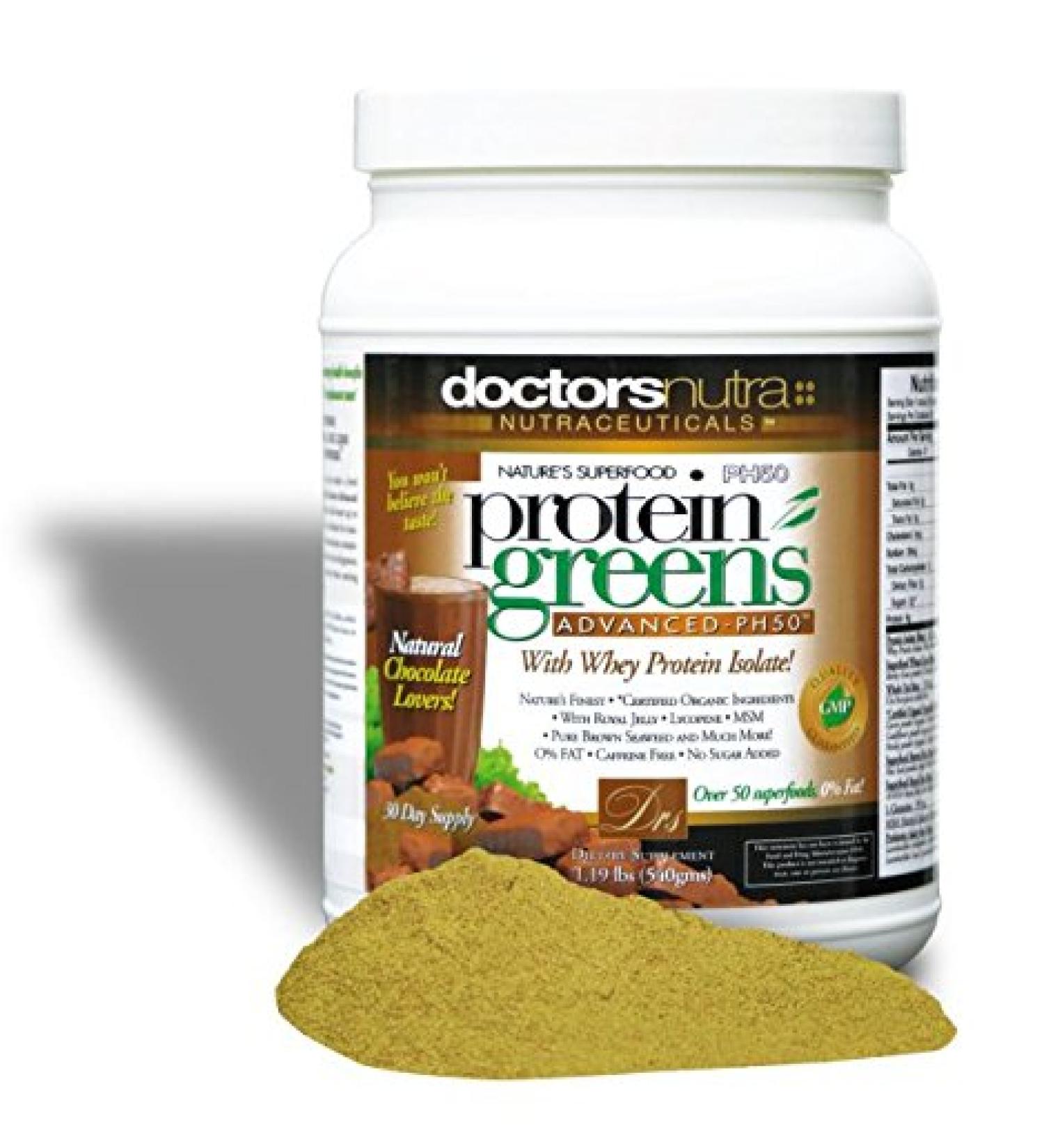 PH50 Protein Greens Drink with Certified Organic Ingredients by Doctors Nutra Nutraceuticals 1.19 Pounds (540 Grams) 50 Superfoods Digestive Enzymes Natural Chocolate Flavor