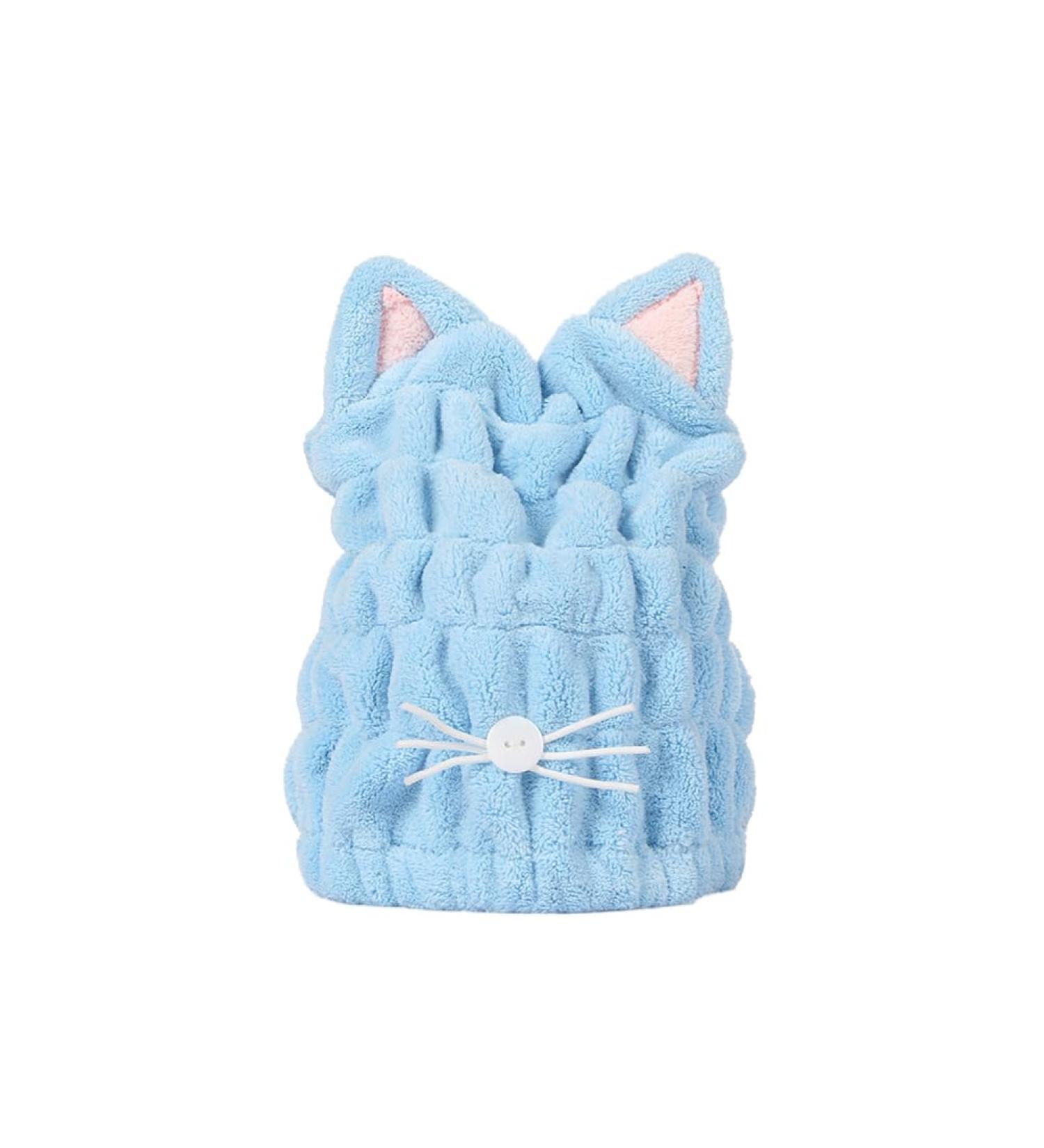 Cute Cat Hair Towel Cap - Quick Dry Coral Velvet Turban for Women & Kids | Sky Blue Bathroom Towel Hat for Curly & Long Hair - Buy Online on GoSupps.com