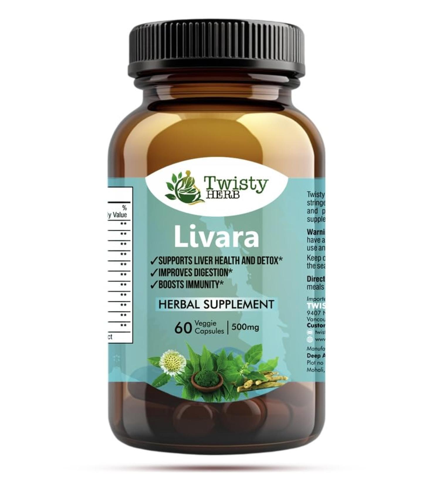 Twisty Herb- Livara Herbal Supplement for Liver Health and Detox 500mg 60 Veggie Capsules Vegan Ayurvedic-Naturopathic Dietary Supplement. - Buy Online on GoSupps.com