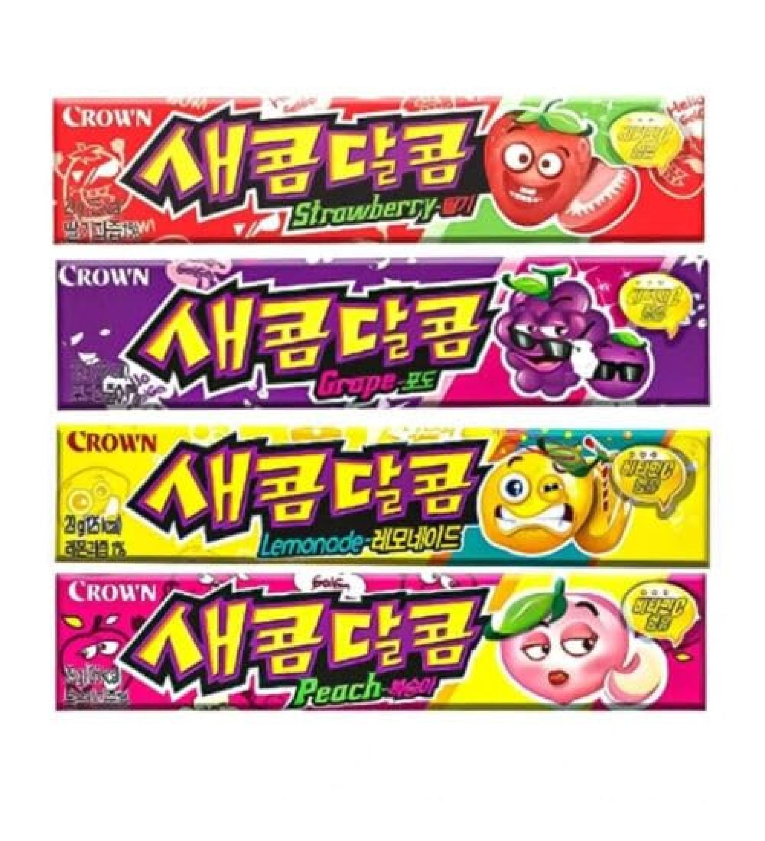 Crown Saekom-Dalcom Caramel Korean Fruity Soft Candy (Strawberry Grape Lemonade Peach) 4 Flavours Bundle 116g