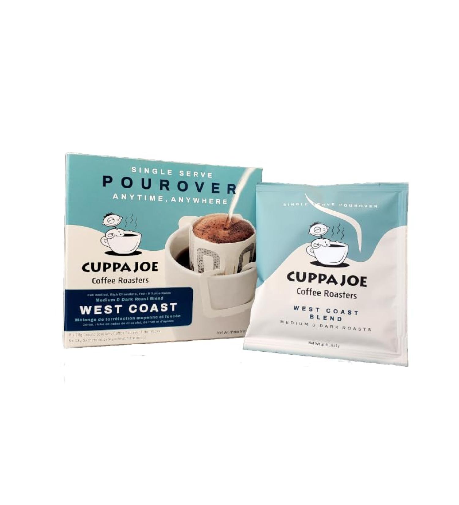 CuppaJoe Coffee Roasters Single Serve Pour Over West Coast Blend Medium & Dark Roasts Ground Coffee Filter Packs 8 x 18g - Buy Online on GoSupps.com