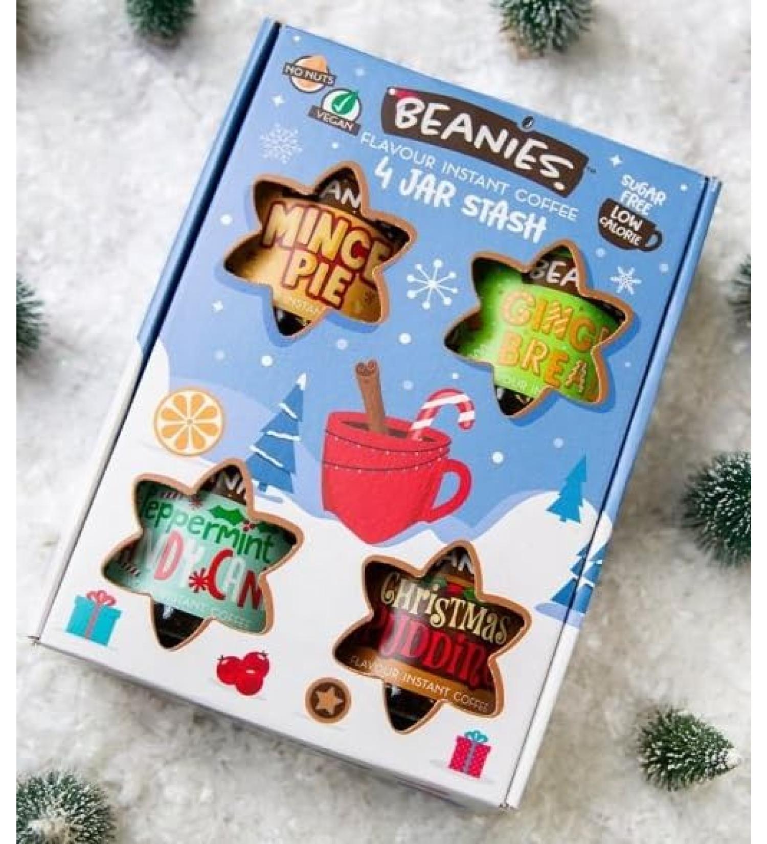 Beanies Flavoured Instant Coffee Christmas Stash Box - 4 Jars - Christmas Pudding Peppermint Candy Cane Mince Pie Ginger Bread 4 x 50g Jars - Festive Gift - Vegan and Sugar Free