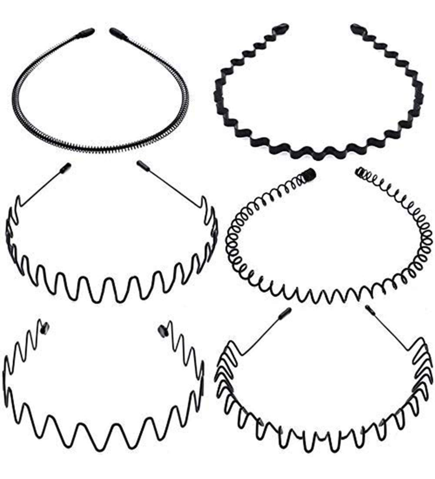 MUUZLL Hair Bands for Men Headbands 6 Pieces Elastic Wavy Spring Wave Hair Band Multi-Style Black Non-slip Metal Hair Hoop Unisex Sport Fashion Hair Band (6pc Headband)