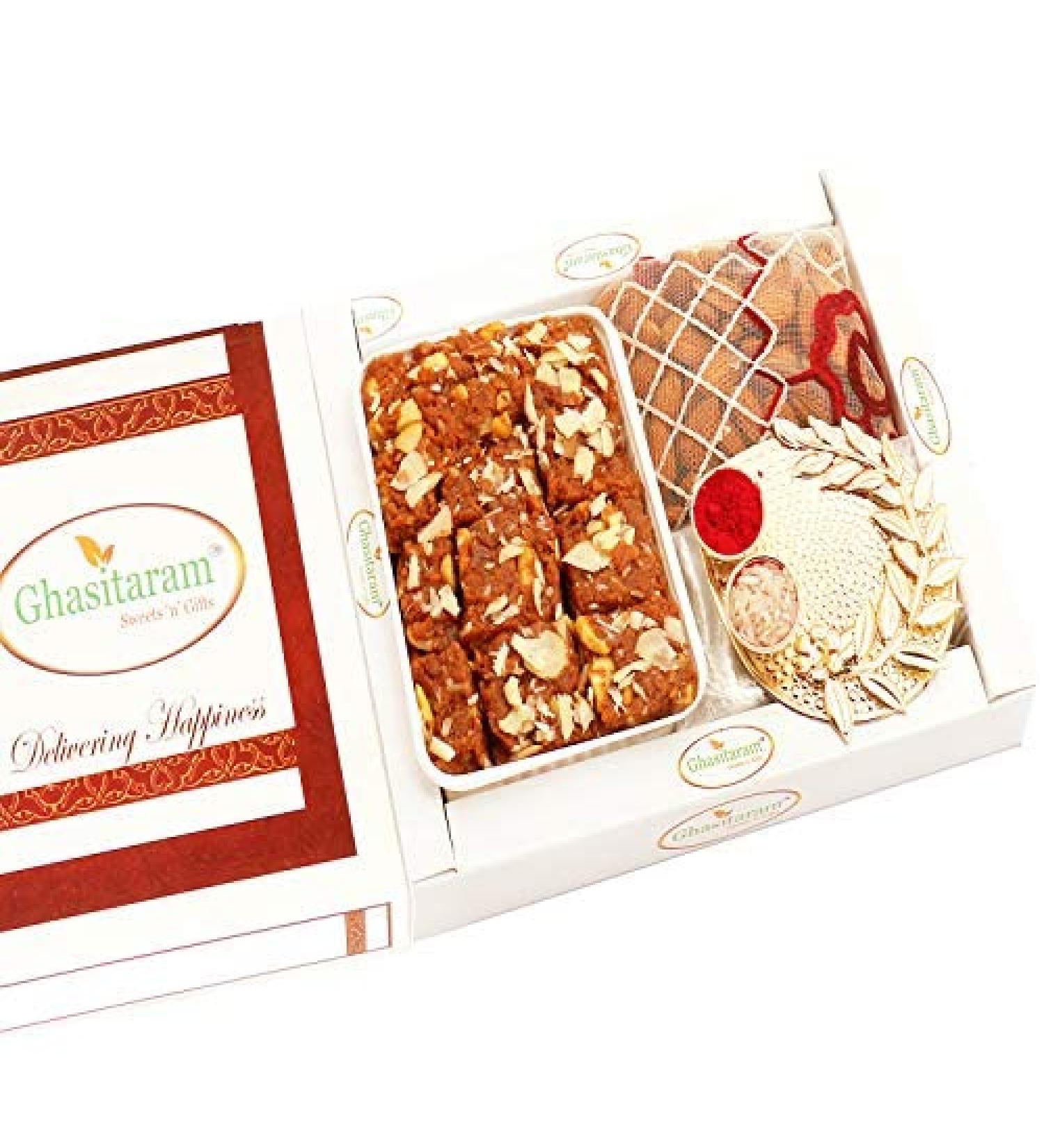 Ghasitaram Gifts Bhaidooj Gifts Bhaidooj Sweet - Dodha Barfi Pooja Thali and Almonds Pouch - Buy Online on GoSupps.com