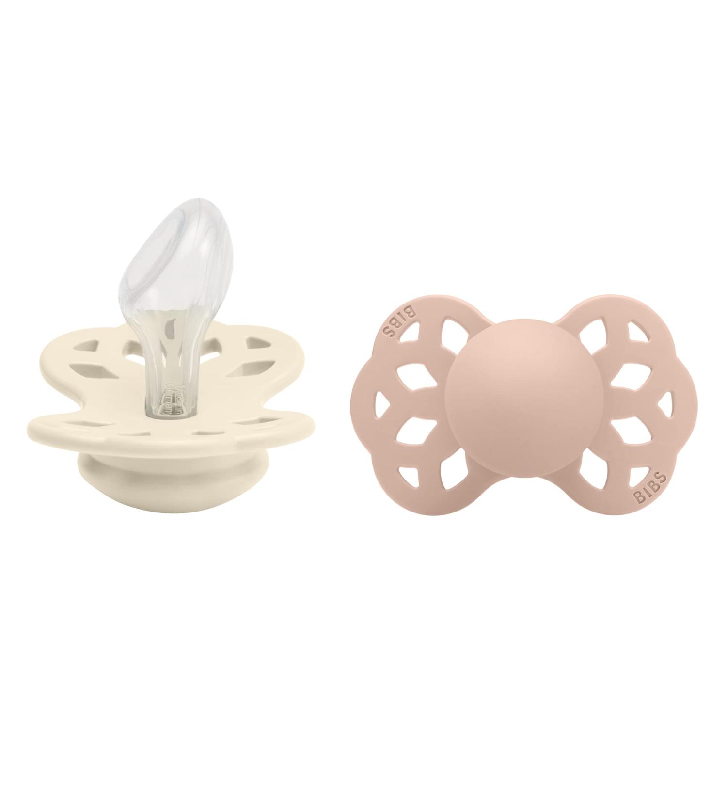 BIBS Infinity Collection Pacifiers - Anatomical Nipple, BPA-Free, Made in Denmark | Set of 2 Ivory/Blush Soothers, Size 6-18 Months - Buy Online on GoSupps.com