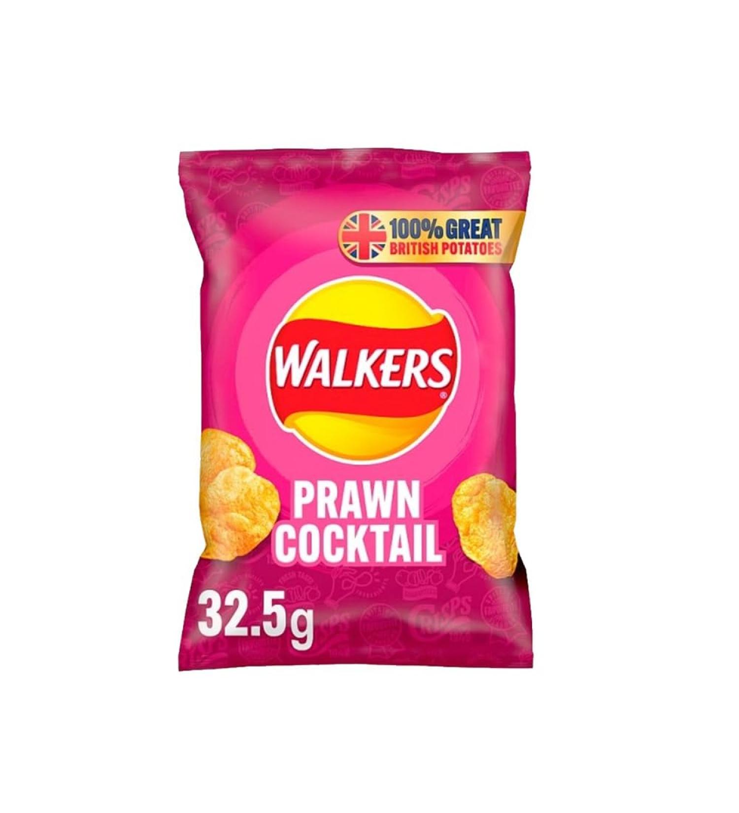 Chips Crisps Bags Collections - Deliciously light & Crispy Chips Bags (Walkers Crisps Prawn Cocktail 32.5g 2 Packs)