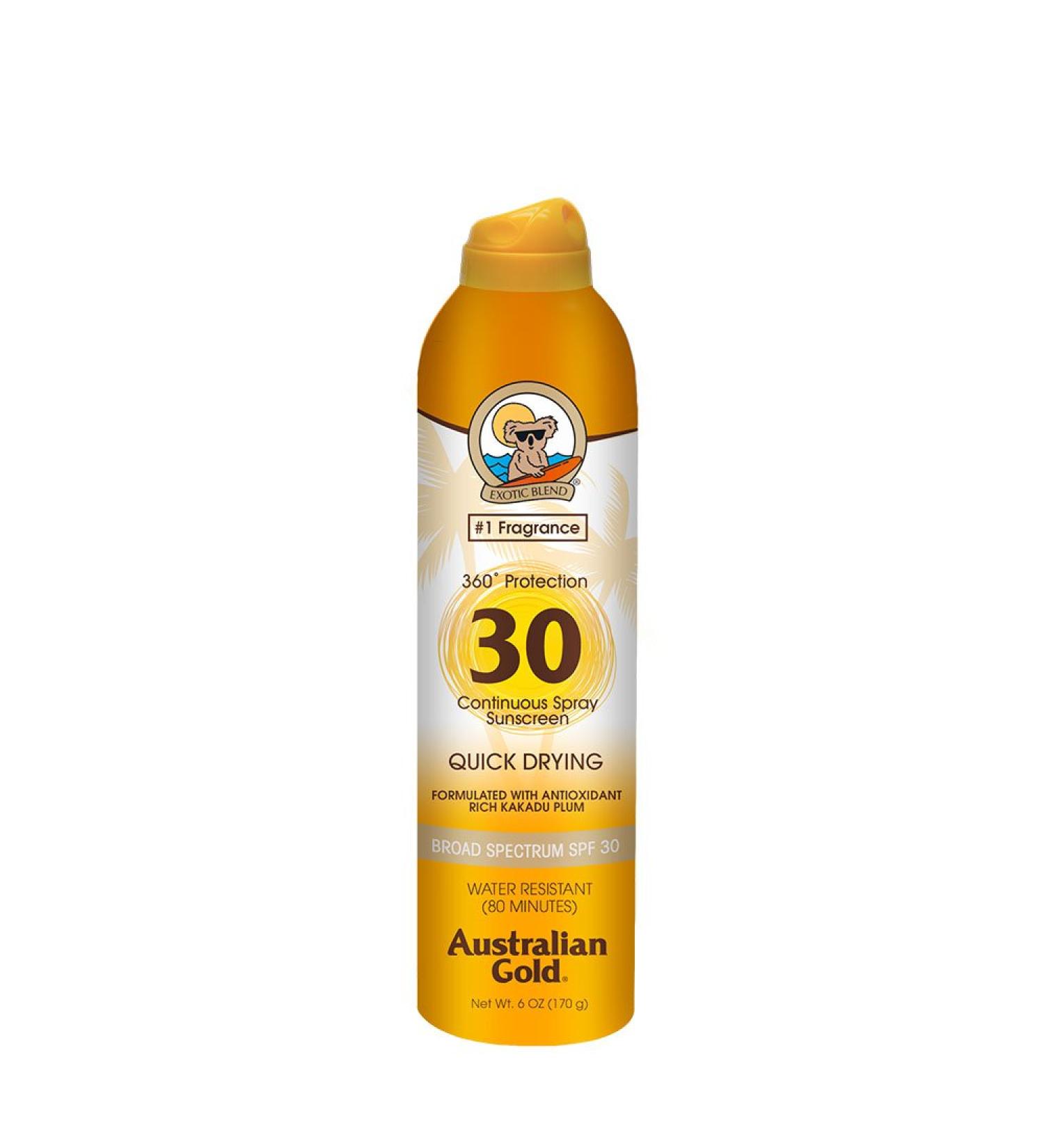 Australian Gold Continuous Spray Sunscreen SPF 30 6 Ounce | Dries Fast | Broad Spectrum | Water Resistant - Buy Online on GoSupps.com