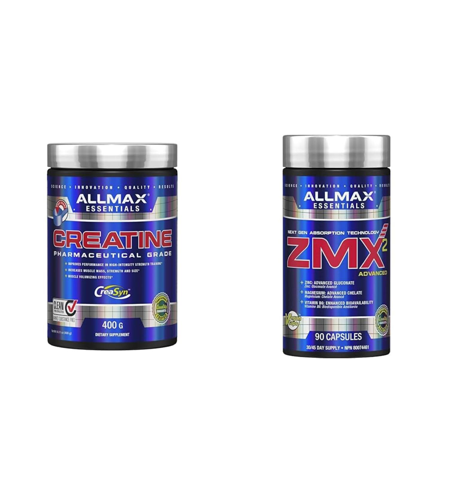 ALLMAX Nutrition - Creatine Monohydrate Micronized Creatine Powder for Strength and Muscle Recovery Gluten Free & Fast Absorbing 400g & ZMX2 90 Count - Buy Online on GoSupps.com