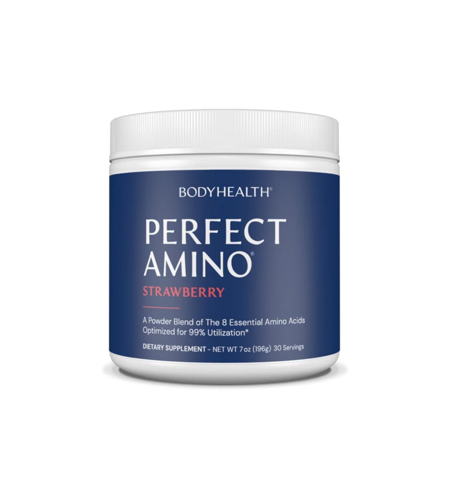 BodyHealth PerfectAmino XP Strawberry - Best Pre/Post Workout Recovery Drink - 30 Servings - Energy Supplement with 8 Essential Amino Acids - 50% BCAAs - 100% Organic - 99% Utilization - Buy Online on GoSupps.com