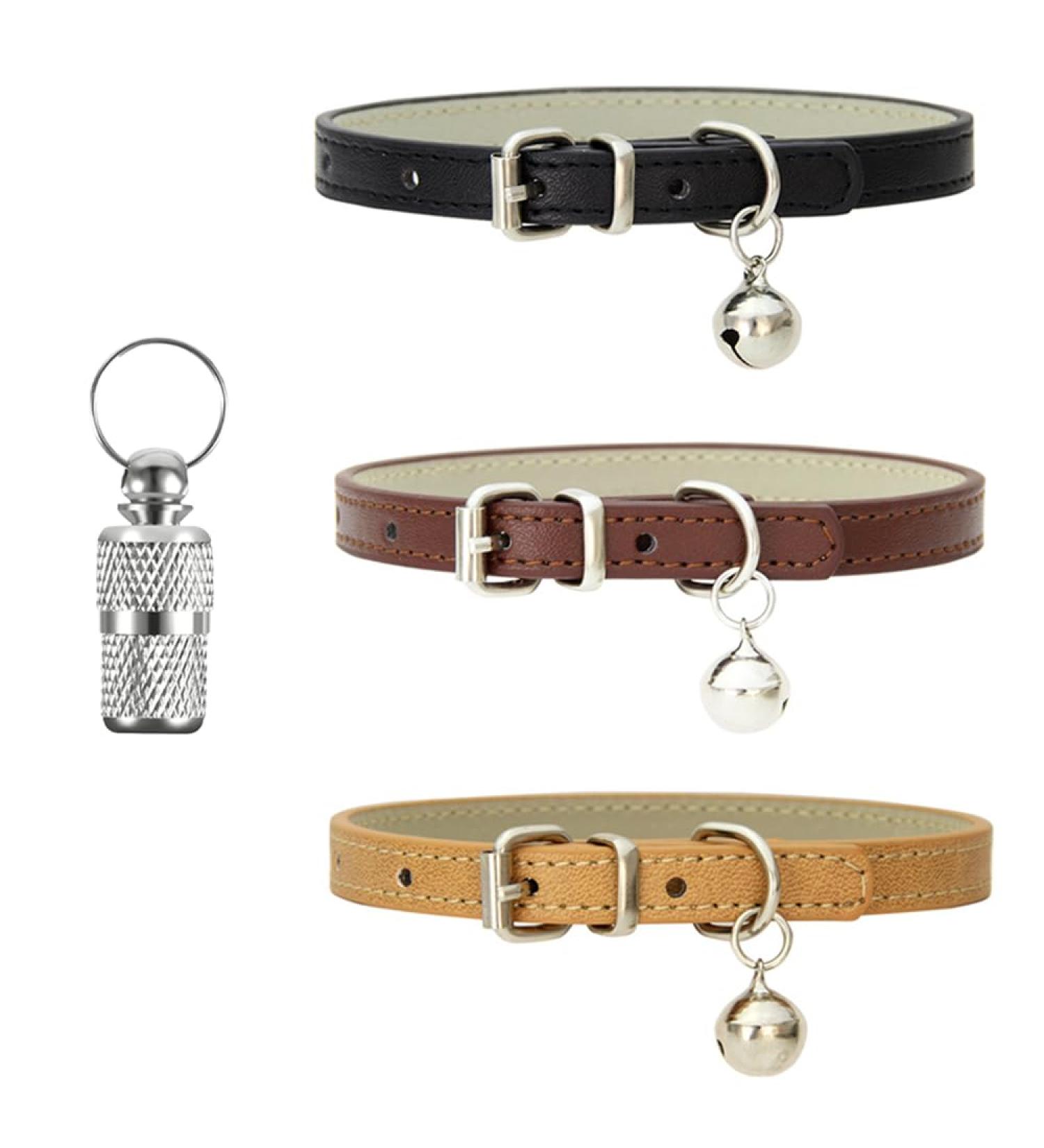 XFENTECH 3-Piece Cat Collar Set - Durable PU Neck Bands with Metal Buckle & Bell - Khaki Brown Black - Buy Online on GoSupps.com