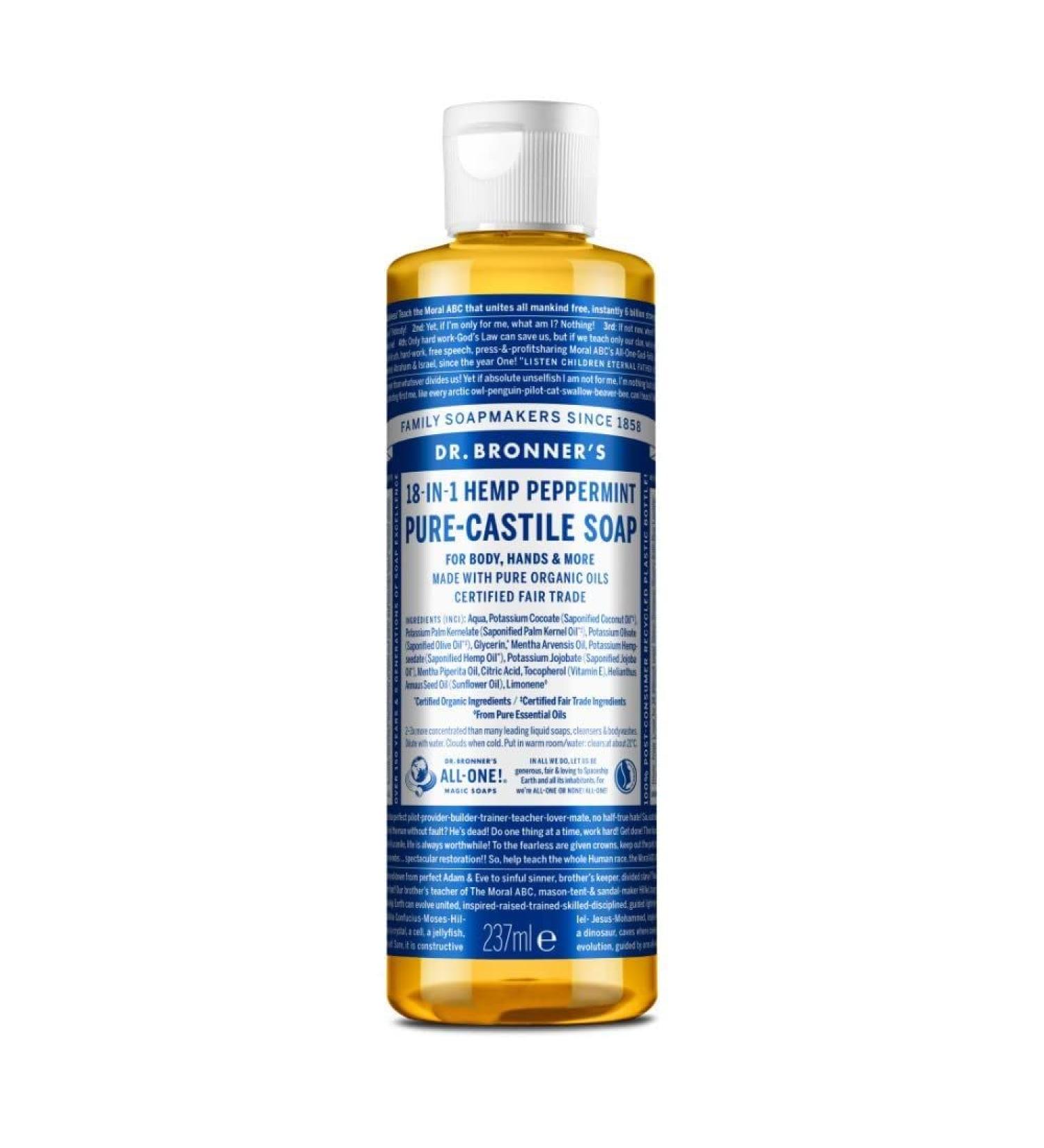 Dr Bronner's 18-in-1 Peppermint Pure-Castile Liquid Soap Made with Organic Oils Used for Face Body Hair Laundry Pets and Dishes Certified Fair Trade & Vegan Friendly 237ml Recycled Bottle Peppermint 237ml