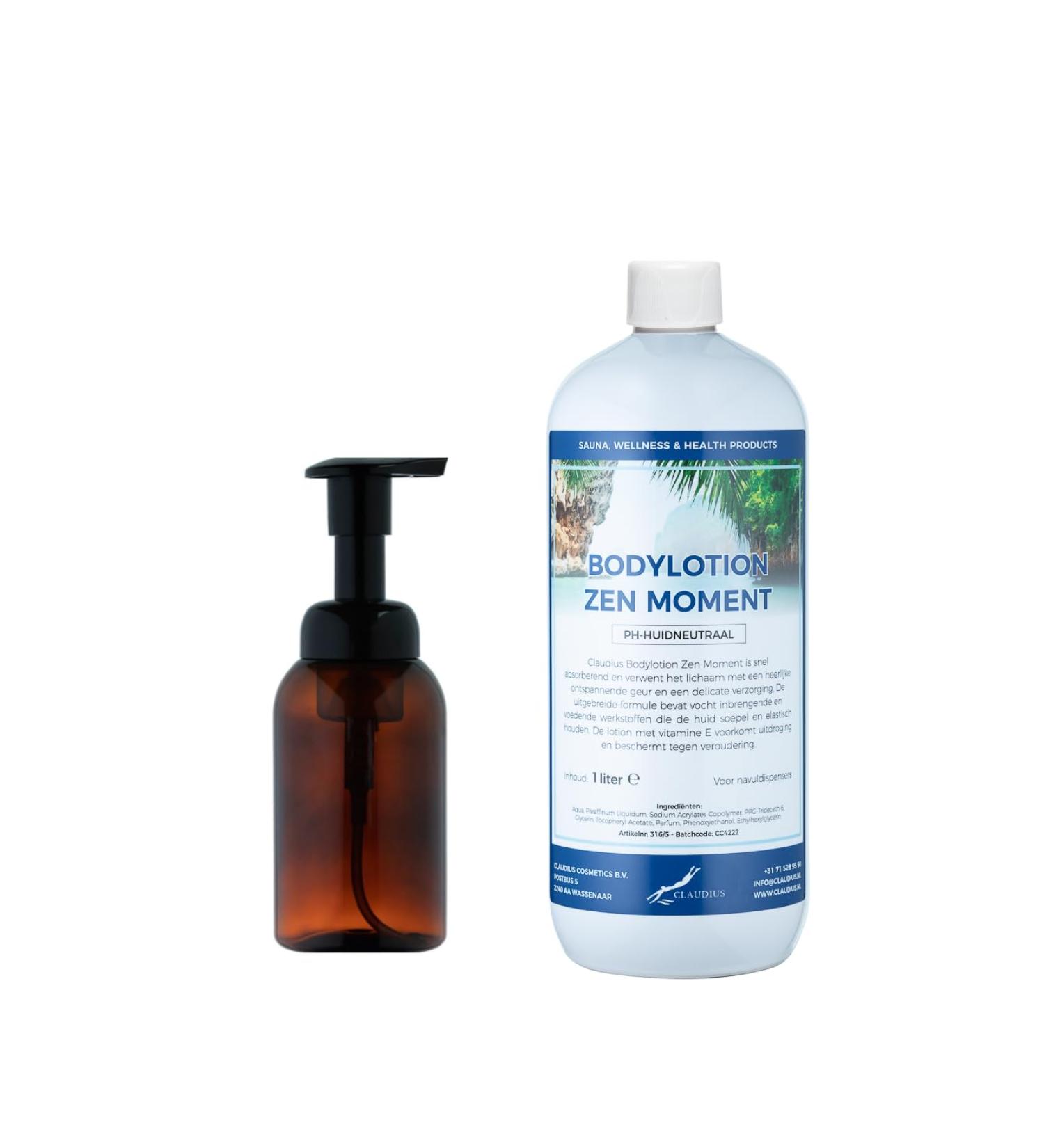 Claudius Soap dispenser 300 ml amber brown refillable + 1 liter Body Lotion Zen Moment refill