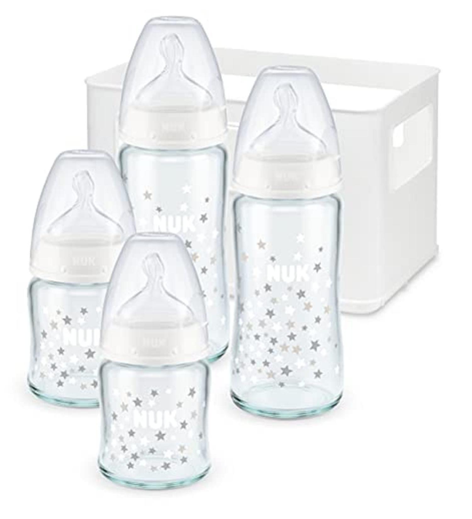 Nuk First Choice+ Baby Bottles Starter Set | Glass & Silicone | 0-6 Months | 4 Bottles with Temperature Control | Anti-Colic System | BPA-Free | Complete 5-Part Set - Buy Online on GoSupps.com