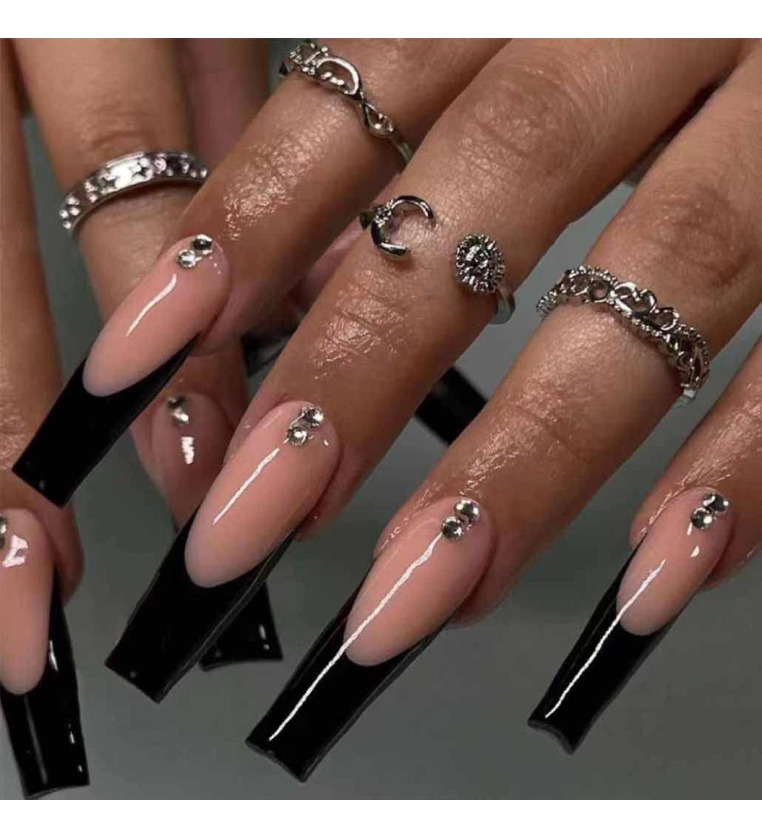 Foccna Long Press Black Coffin French Fake Nails with Rhinestones 24PCS - Full Cover Acrylic False Nails for Women and Girls - Buy Online on GoSupps.com