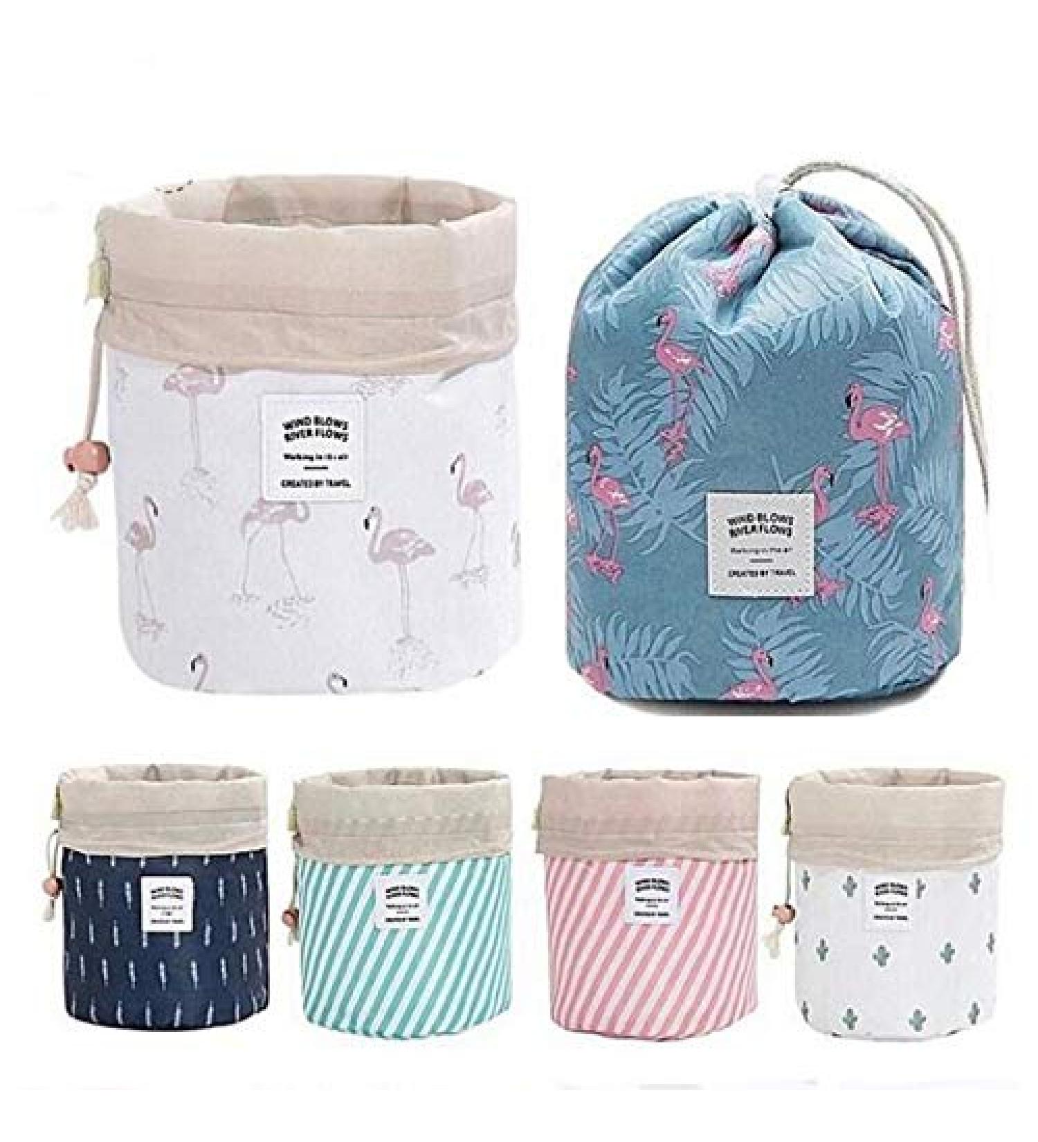 Xiangate Barrel Shaped Cosmetic Bag for Travel | Stylish White Flamingo Make-up & Brush Storage | Hangable Cultural Bags with Cord - Buy Online on GoSupps.com