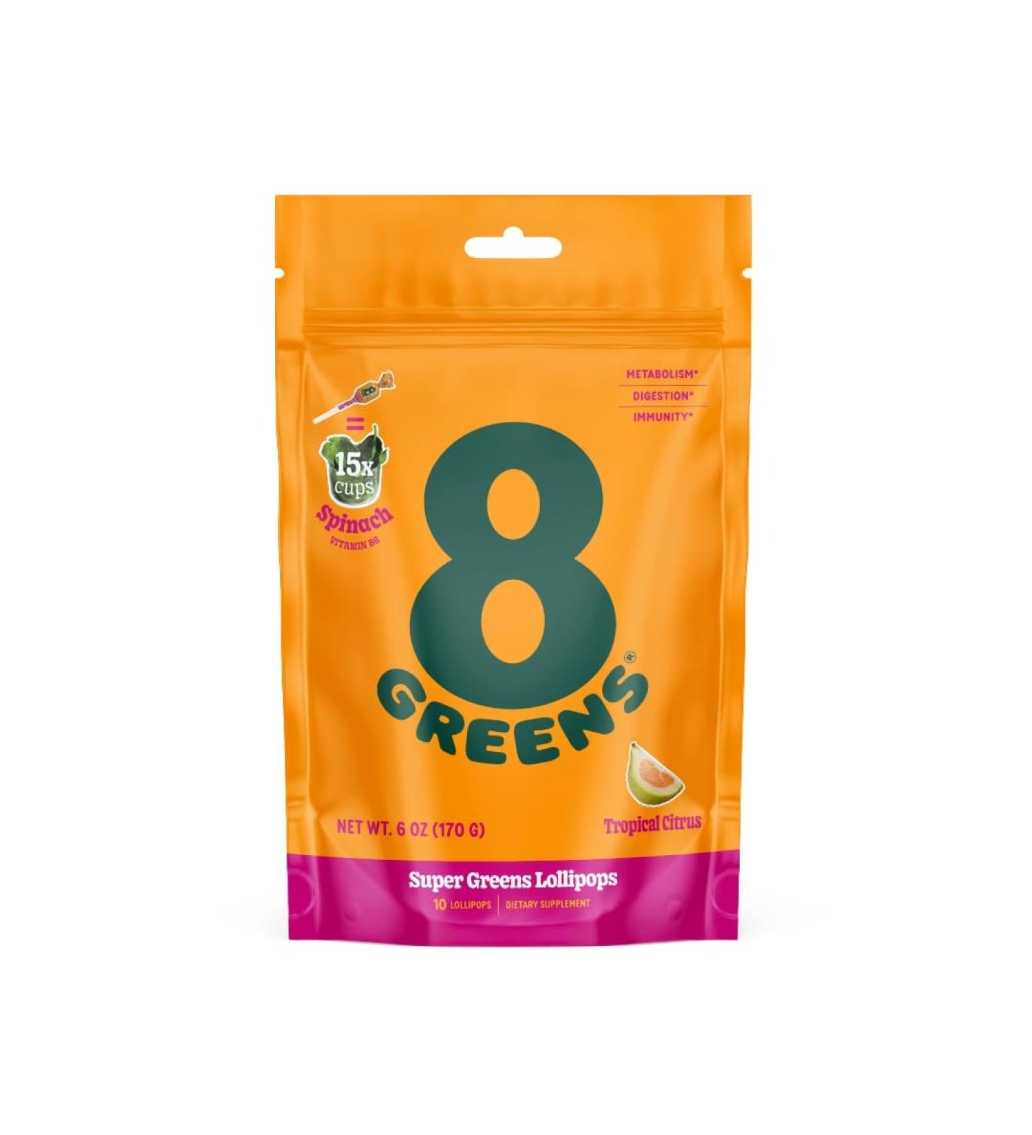8Greens Daily Lollipops  Natural Tropical Citrus flavor with Real Super Greens  Gluten-free  Vegan  Non-GMO  No Artificial Colors & Flavors - Buy Online on GoSupps.com