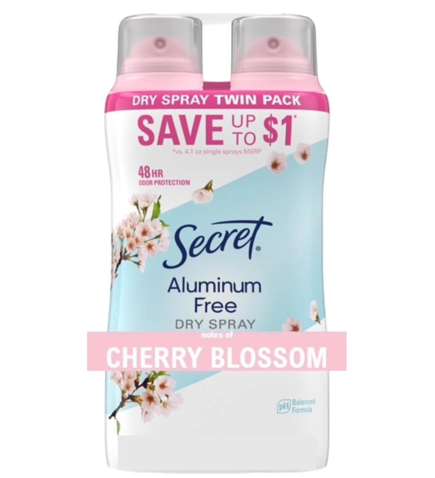 Secret Dry Spray Aluminum Free Deodorant for Women 48hr Weightless Odor Protection Gentle on Skin Cherry Blossom Scent 4.1 oz (Pack of 2) Cherry Blossom 4.1 Ounce (Pack of 2) - Buy Online on GoSupps.com