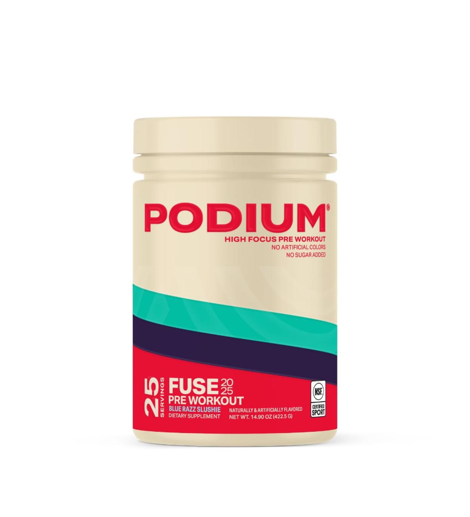 Podium Nutrition Fuse 2025 Pre Workout Powder Blue Razz Slushie 25 Servings Beta Alanine and Caffeine for Energy Gluten Soy and Dairy Free - Buy Online on GoSupps.com