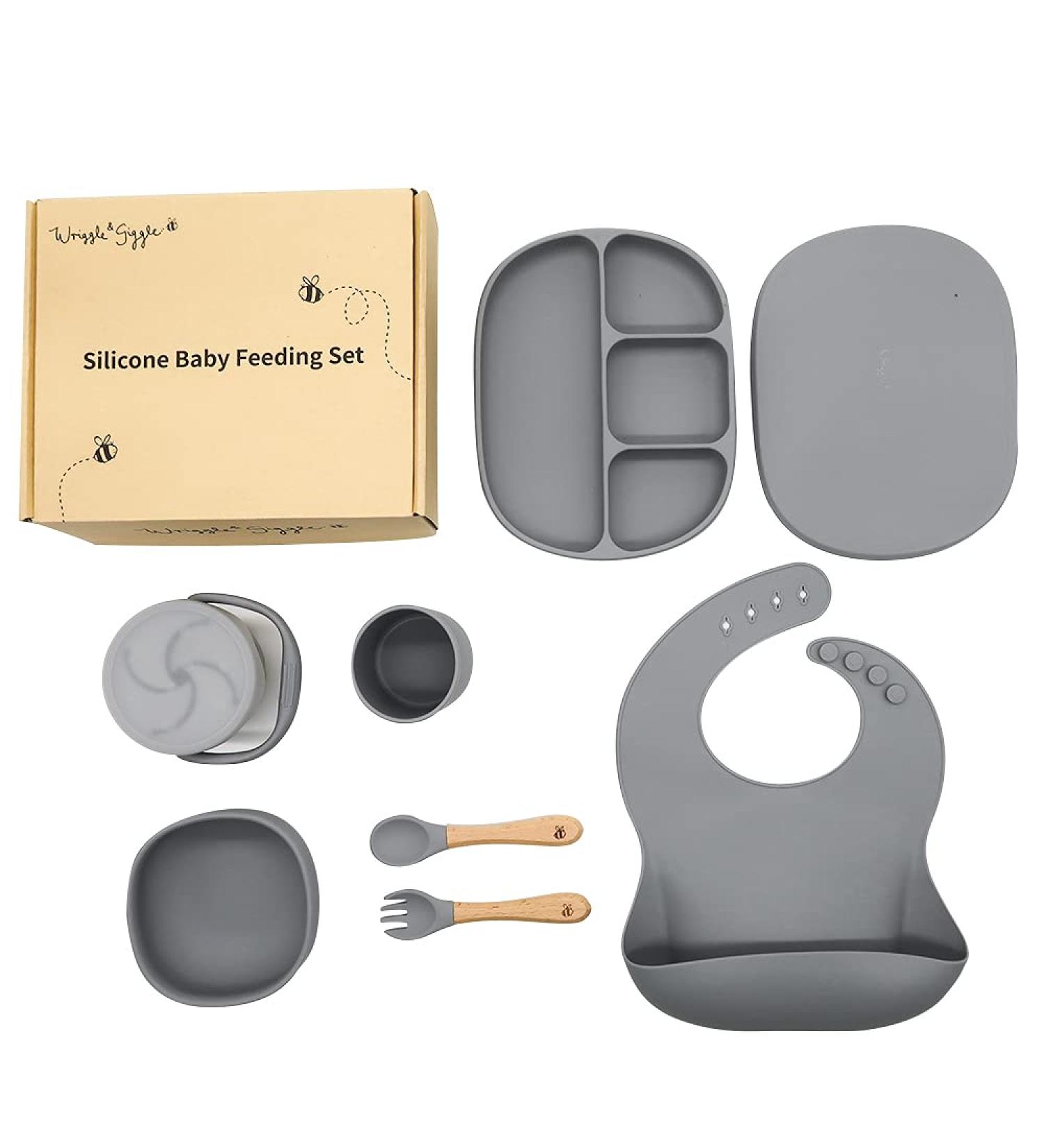 Baby Weaning Set | Toddler Feeding Set | Suction Plate Cup Bowl Spoon Fork Snack Cup Lid | Silicone & Wood Materials (Grey) - Buy Online on GoSupps.com