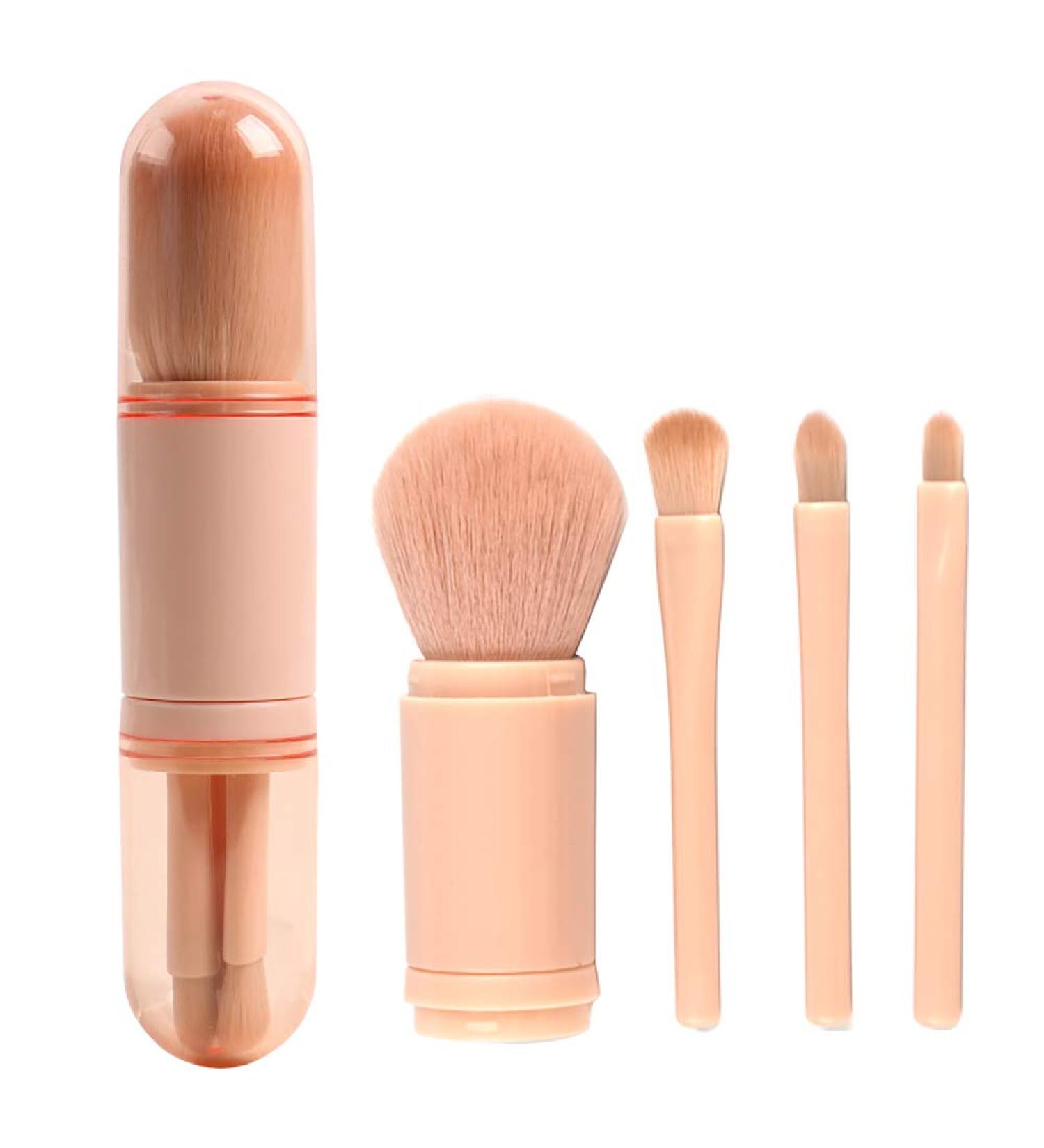 Mini Pink Makeup Brush Set - 4 in 1 Travel Essential for Lips, Highlighting, Eyes, and Foundation - Retractable Cosmetic Brushes - Buy Online on GoSupps.com