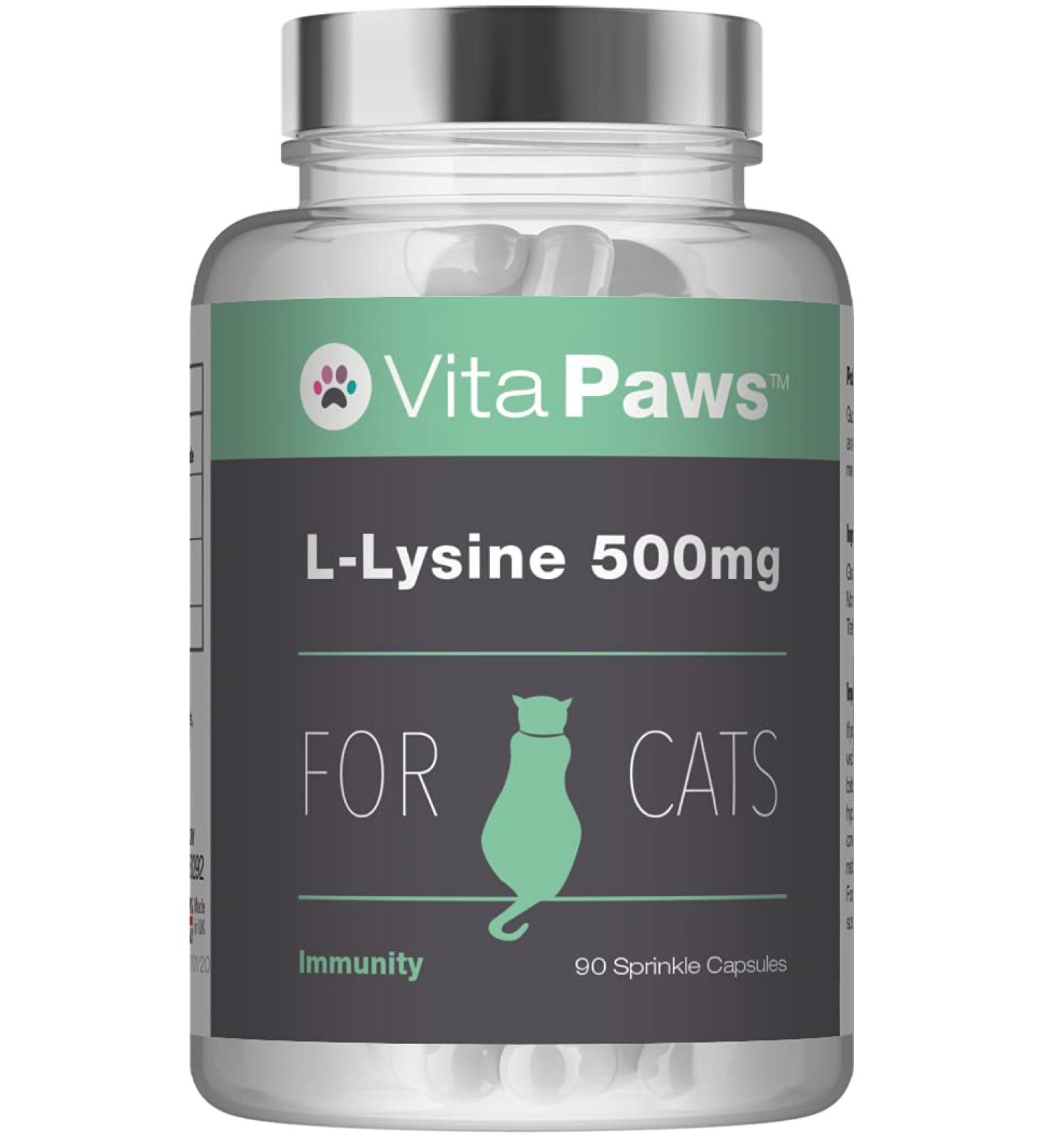 L-Lysine 500mg for Cats | 90 Sprinkle Capsules by VitaPaws | Supports Feline Immunity | UK Manufactured - Buy Online on GoSupps.com