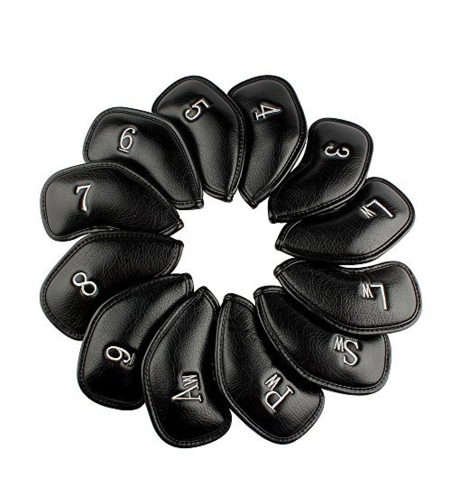 Customizable 12pcs Thick Synthetic Leather Golf Iron Head Covers Set - Universal Fit for Callaway, Ping, Taylormade, Cobra - Black/Silver - Craftsmangolf.com - Buy Online on GoSupps.com