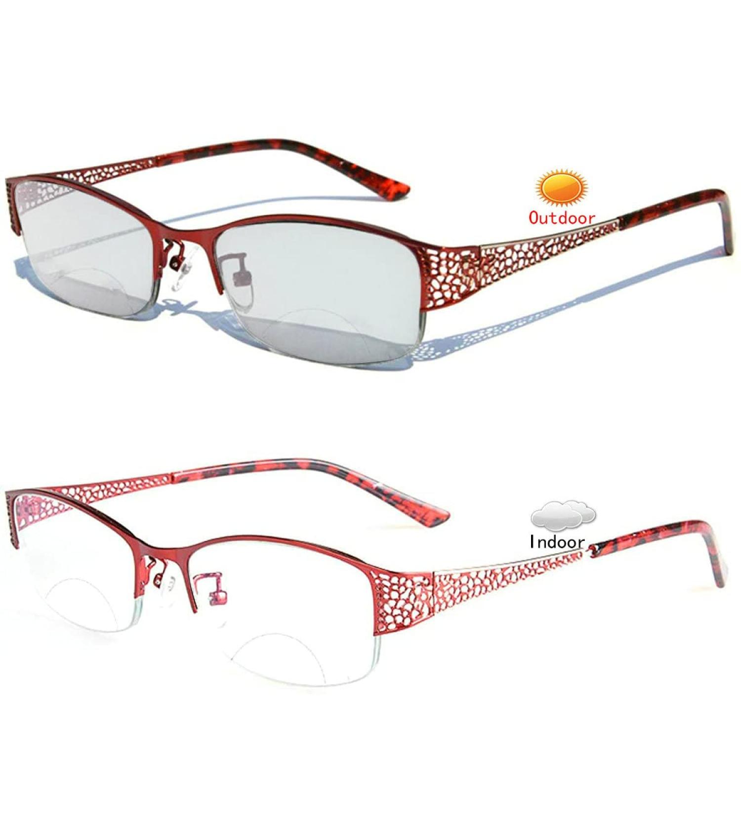 Women's Photochromic Bifocal Reading Glasses Red Metal Frame 2.75x - Transition Sun Glasses for Presbyopia - Buy Online on GoSupps.com
