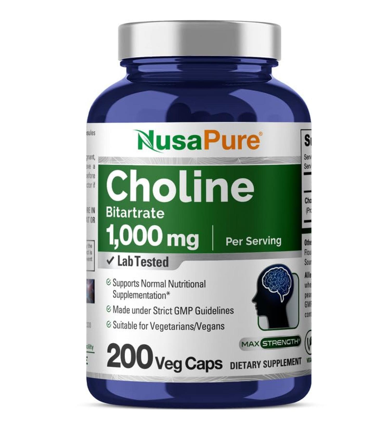 Buy NusaPure Choline Bitartrate 1000 mg - 200 Veggie Capsules | Vegetarian Non-GMO | International Shipping - Buy Online on GoSupps.com
