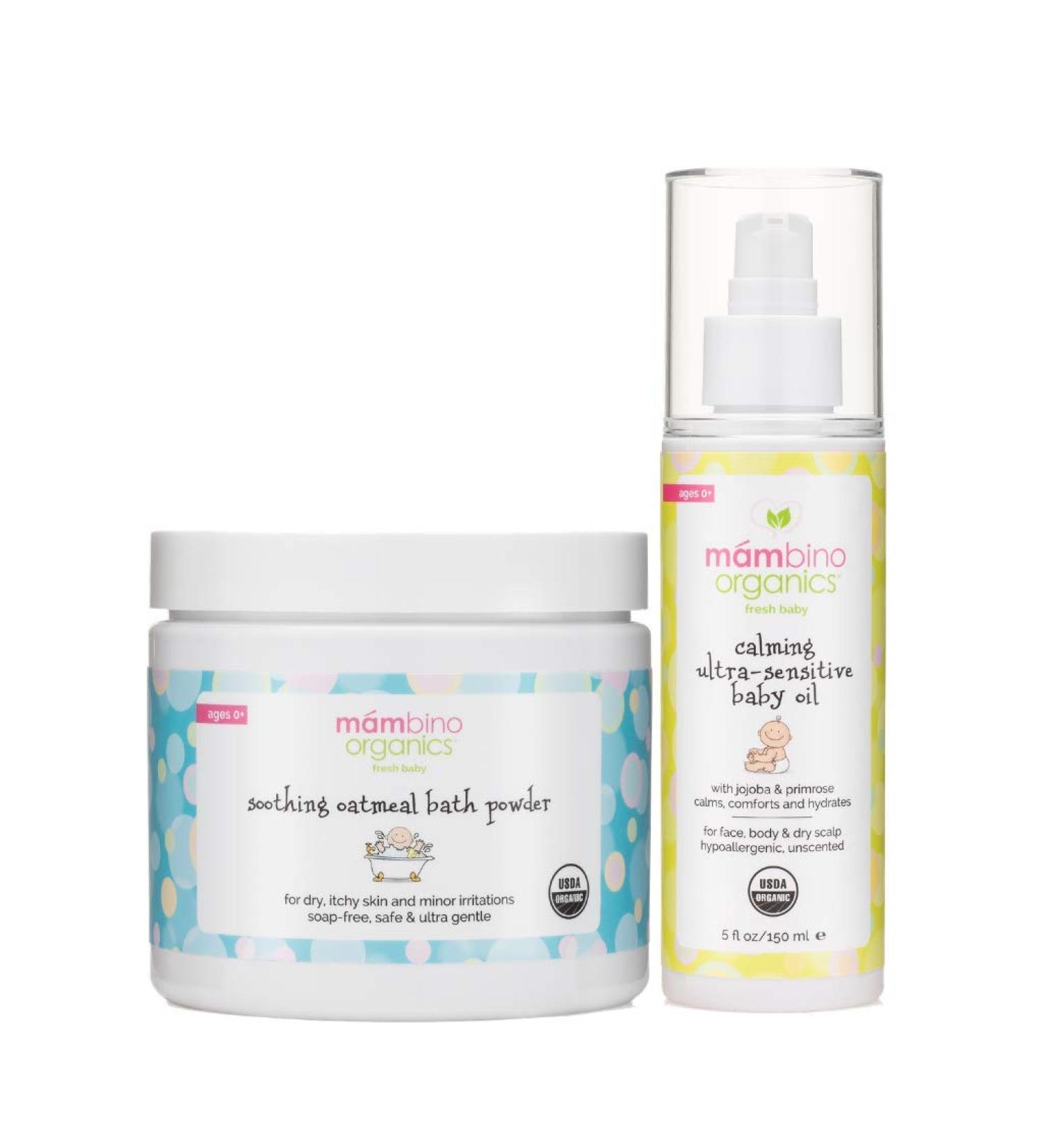 Mambino Organics Ultra-Sensitive Skin Calming Set - Natural Colloidal Oatmeal Bath Powder and Soothing Oil - All Natural Fragrance Free with Jojoba & Evening Primrose Oil - 5 Fluid Ounces 2 Piece Set