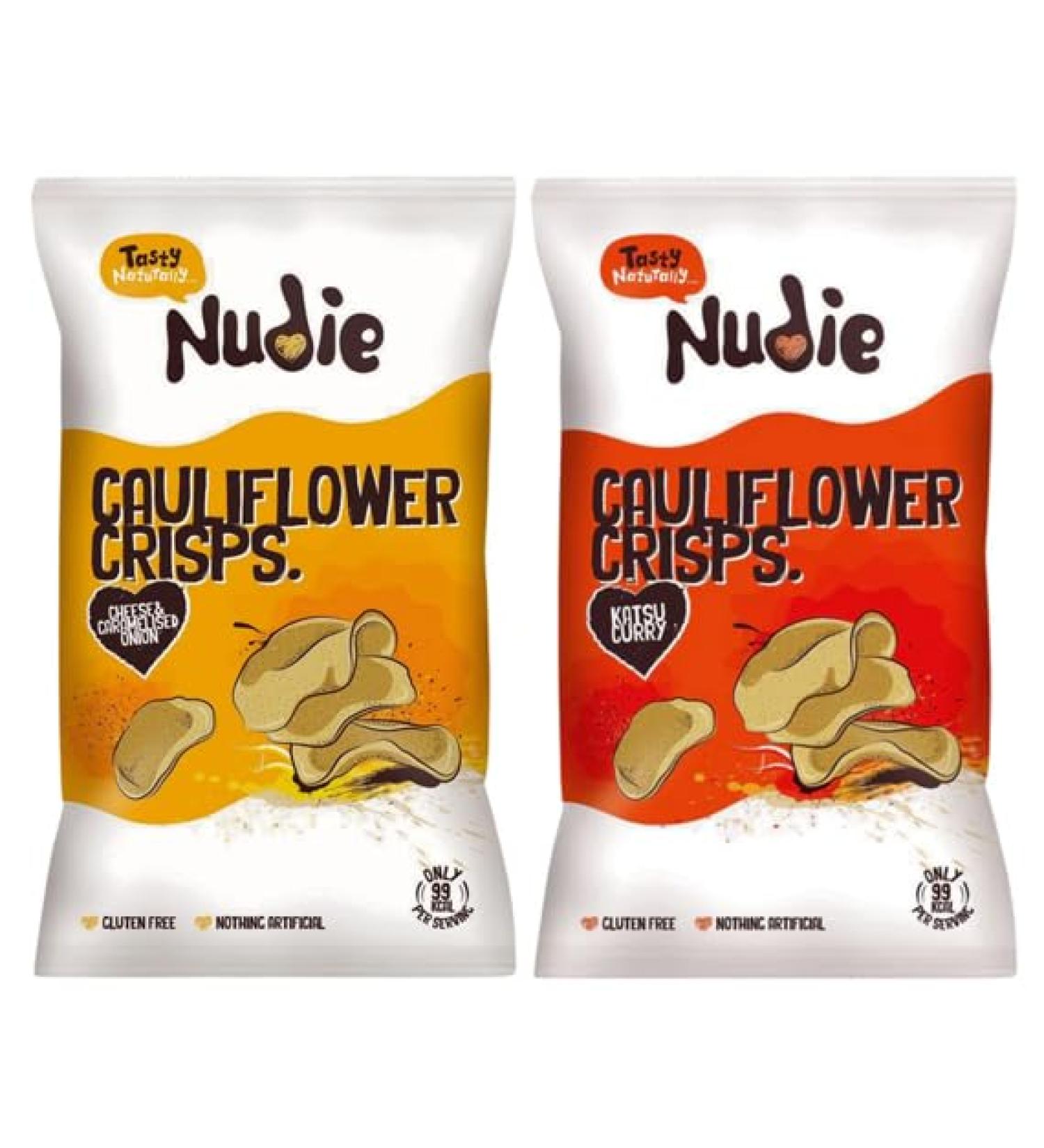 Nudie Snacks Cauliflower Crisps Katsu Curry and Cheese 80g & Caramelised Onion 80g - Buy Online on GoSupps.com