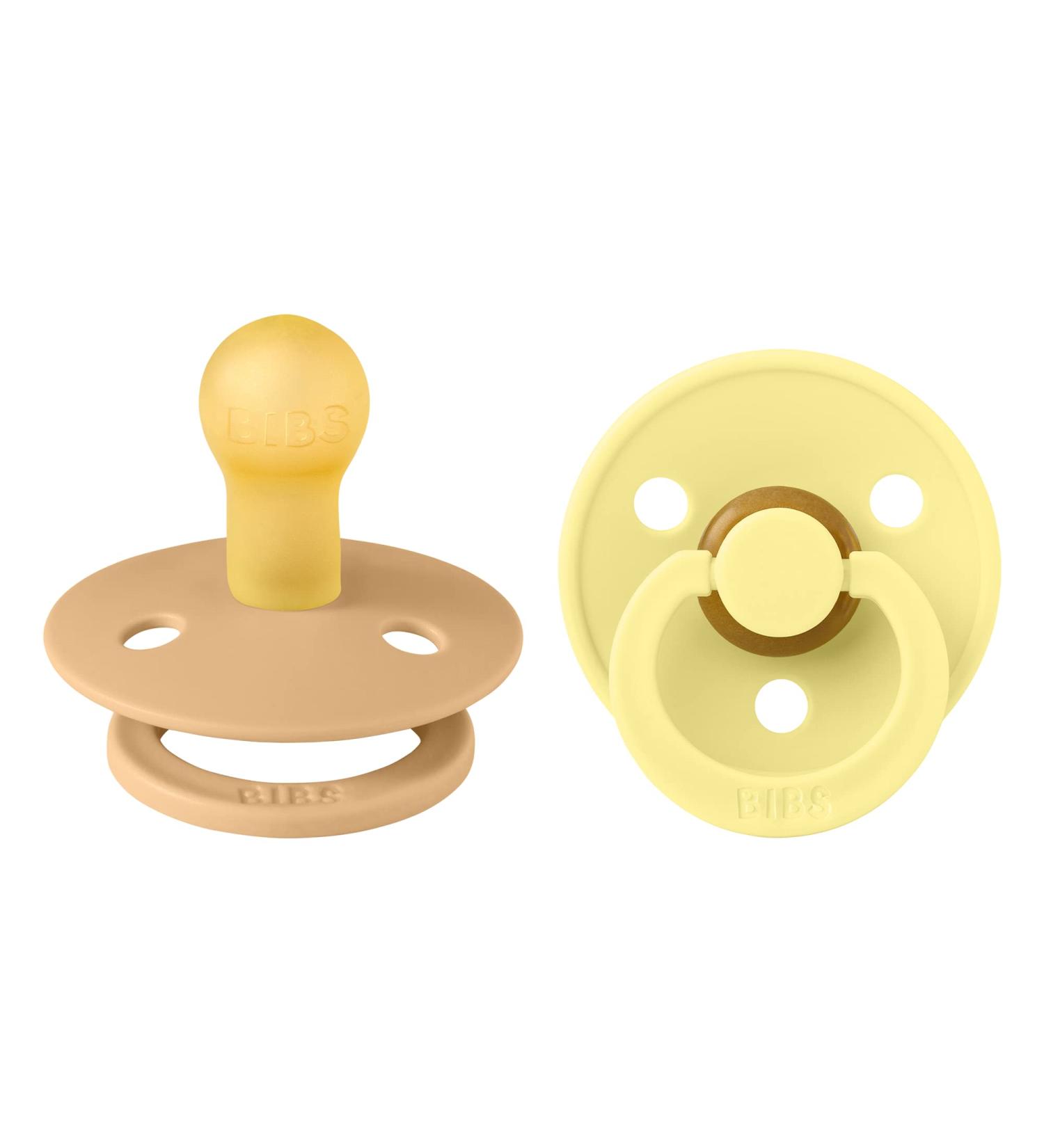 BIBS Colour Baby Pacifier 2-Pack | Made in Denmark | BPA Free Dummy Soother Round Nipple. Natural Rubber Latex Size 1 (0-6 Months) Desert Sand/Sunshine - Buy Online on GoSupps.com