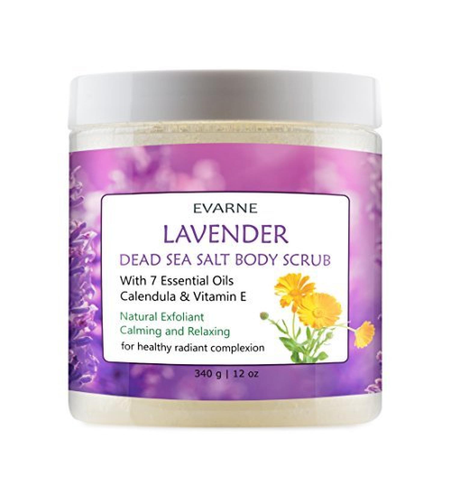 Evarne Lavender Dead Sea Salt Body Scrub with 7 Essential Oils, Calendula & Vitamin E - Buy Online on GoSupps.com