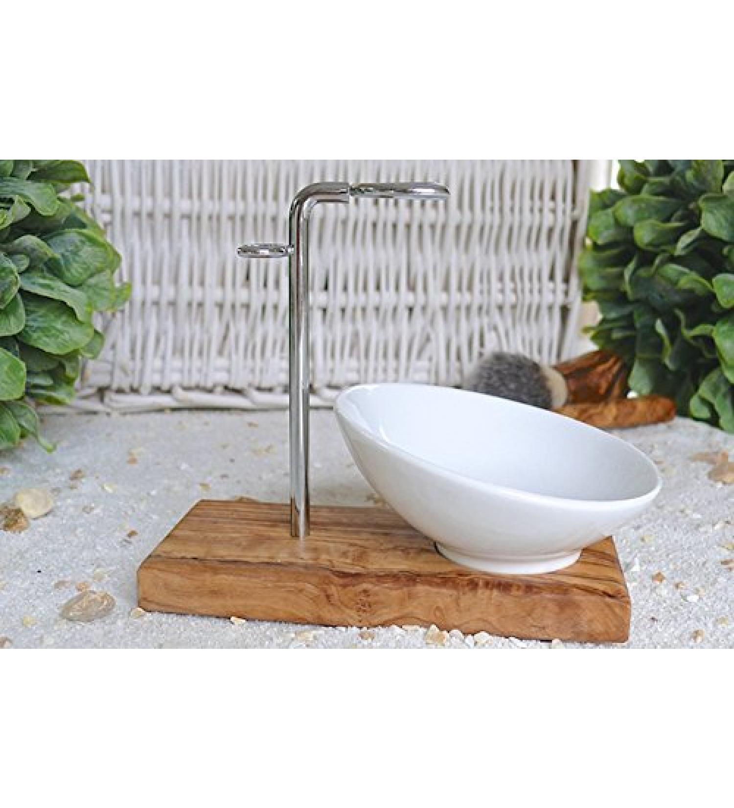 DOM shaving brush holder CLASSIC PLUS made of olive wood with porcelain bowl slanted 10 cm