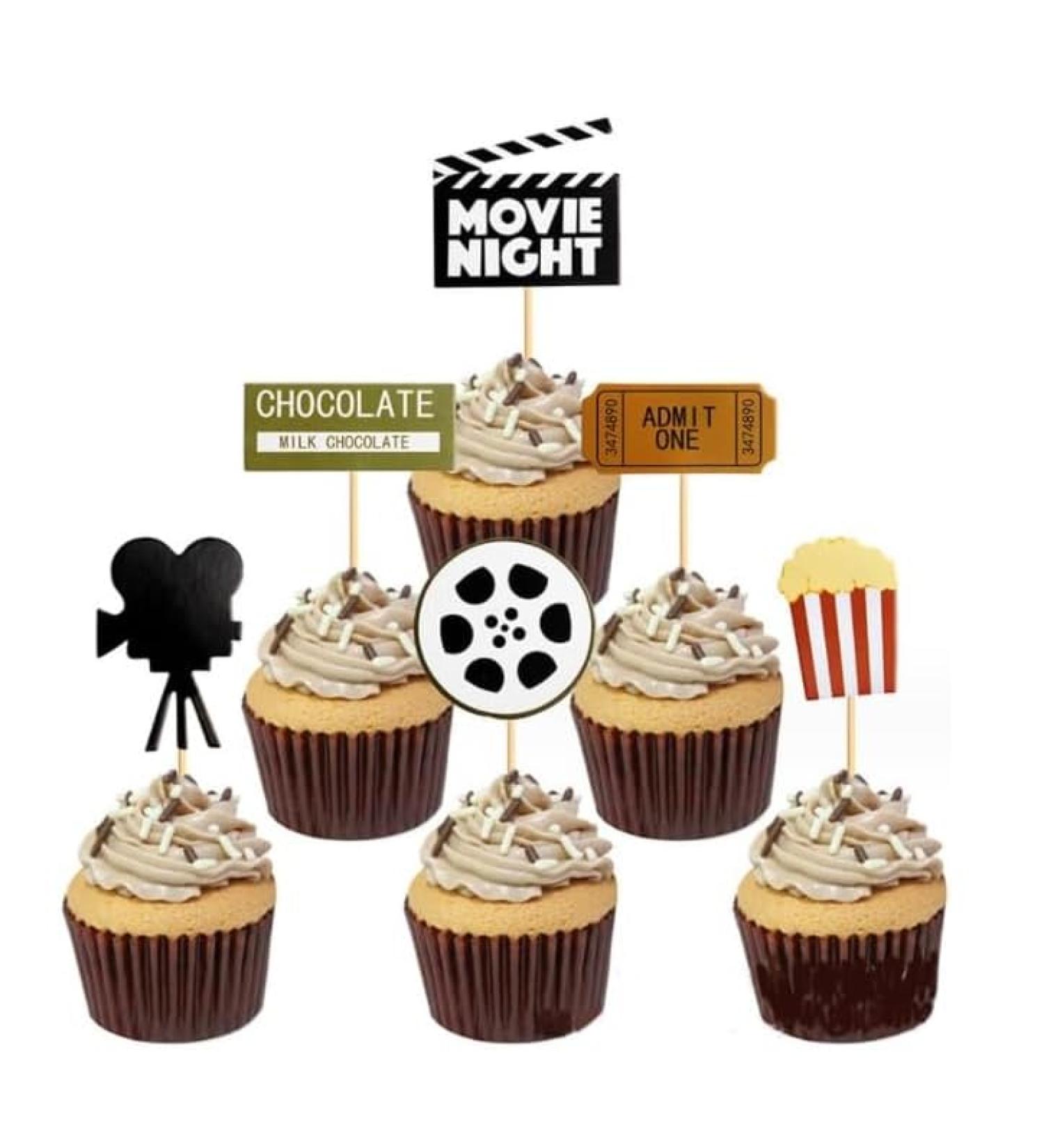 Nenluny 24pcs Movie Night Cupcake Toppers Hollywood Movie Film Cinema Theme Cupcake Toppers for Movie Theme Birthday Cake Topper Decoration - Buy Online on GoSupps.com