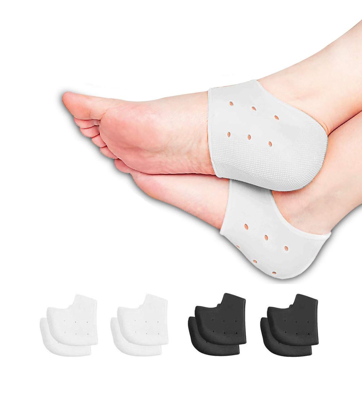 8-Piece Plantar Fasciitis Relief Pads Gel Cushions & Silicone Heel Socks - Black & White - Ideal for Heel Pain Cracked Heels & Achilles Tendon Inflammation - Buy Online on GoSupps.com