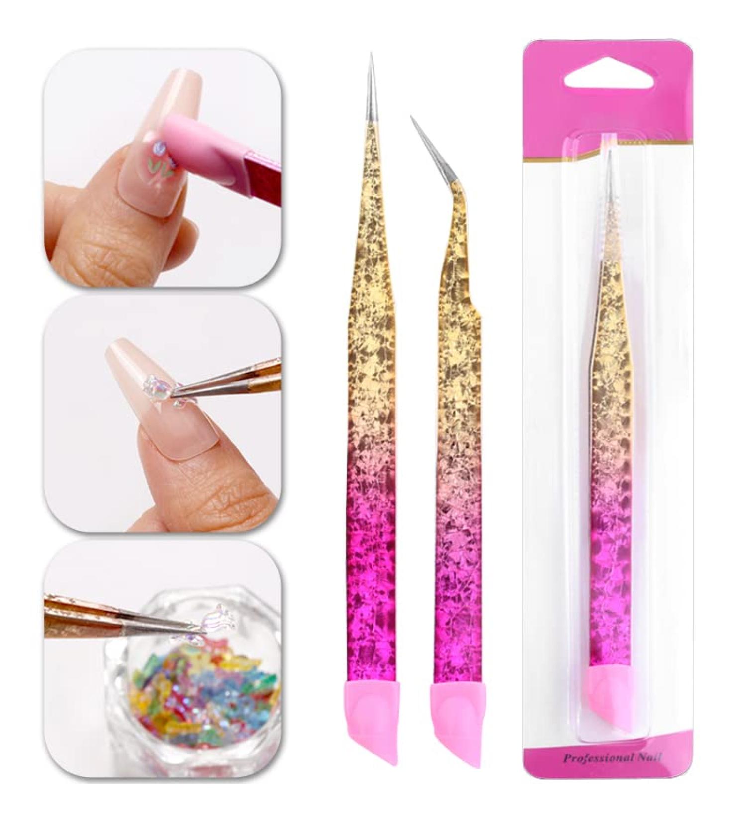 2pcs Stainless Steel Double Ended Nail Art Tweezers Set for Women - Straight and Curved Tip Precision Tweezers for Eyelash Extensions, Crafts, and Rhinestones - Buy Online on GoSupps.com
