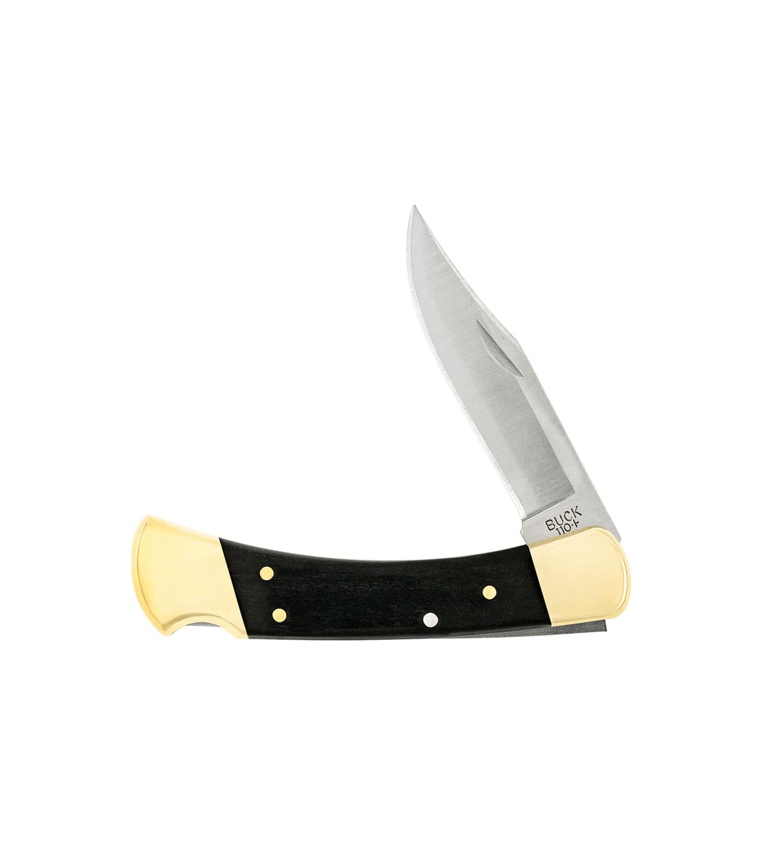 Buck Knives 110 Folding Hunter Knife with Brass Bolsters and Ebony Handles | 3-3/4 420HC Blade | Includes Leather Sheath - Buy Online on GoSupps.com