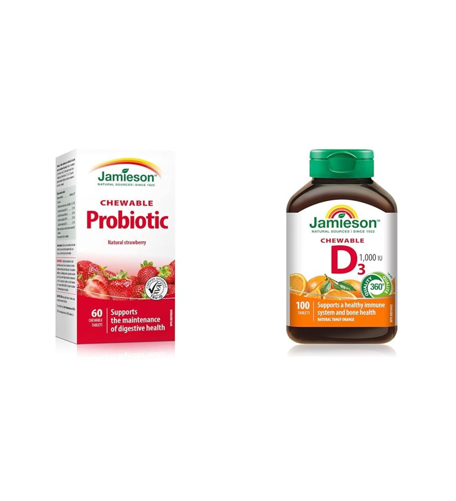 Jamieson Chewable Probiotic 2 Billion Active Cells - Natural Strawberry Flavour & Chewable Vitamin D3 1 000 IU - Natural Tangy Orange 100 Count (Pack of 1) - Buy Online on GoSupps.com