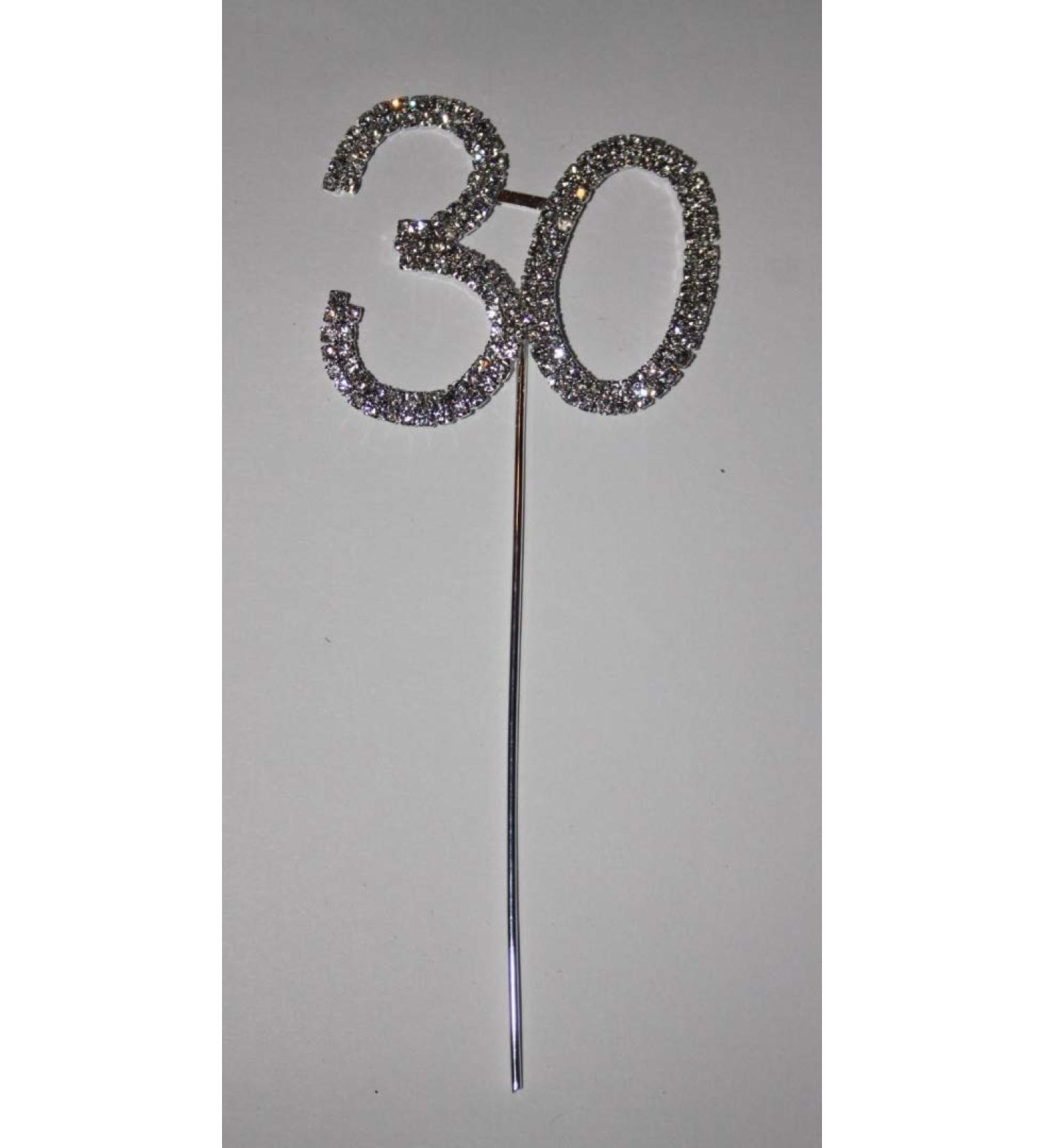 30 Number Cake Topper Clear Rhinestone Diamante Gem Pick ANNIVERSARY BIRTHDAY PARTY